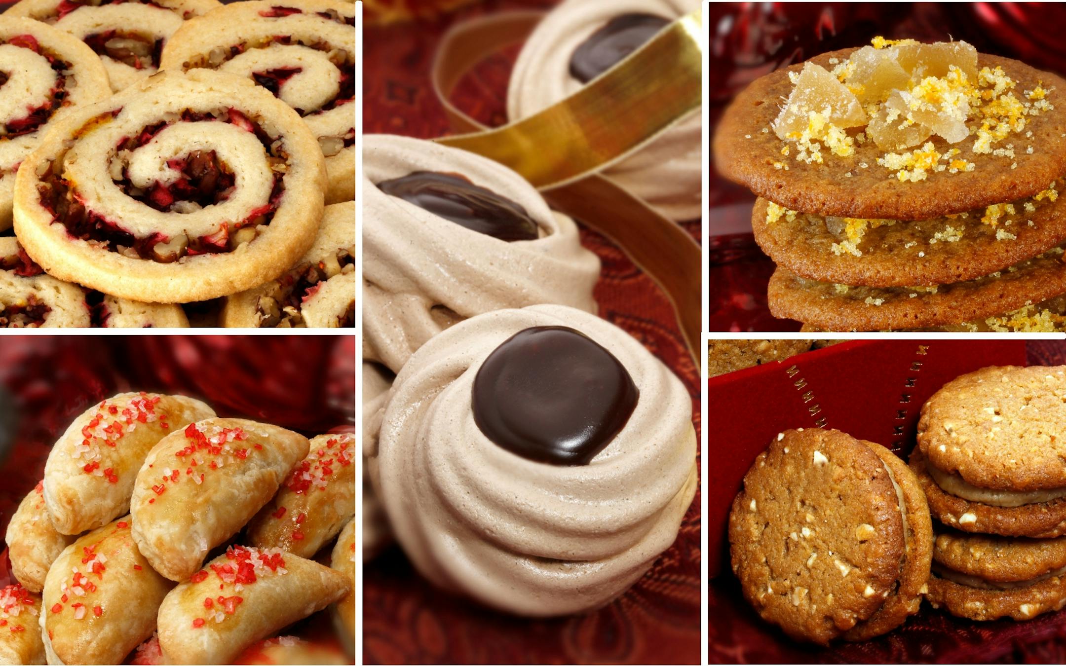 Royal Sweets with Chocolate Balsamic Sauce, center, were the winning entry in the 2012 holiday cookie contest, along with finalists, clockwise from upper left, Cranberry Pecan Swirls, Orange Ginger Drops, Peanut Stars Sandwich Cookies.and Cherry Almond Turnovers.