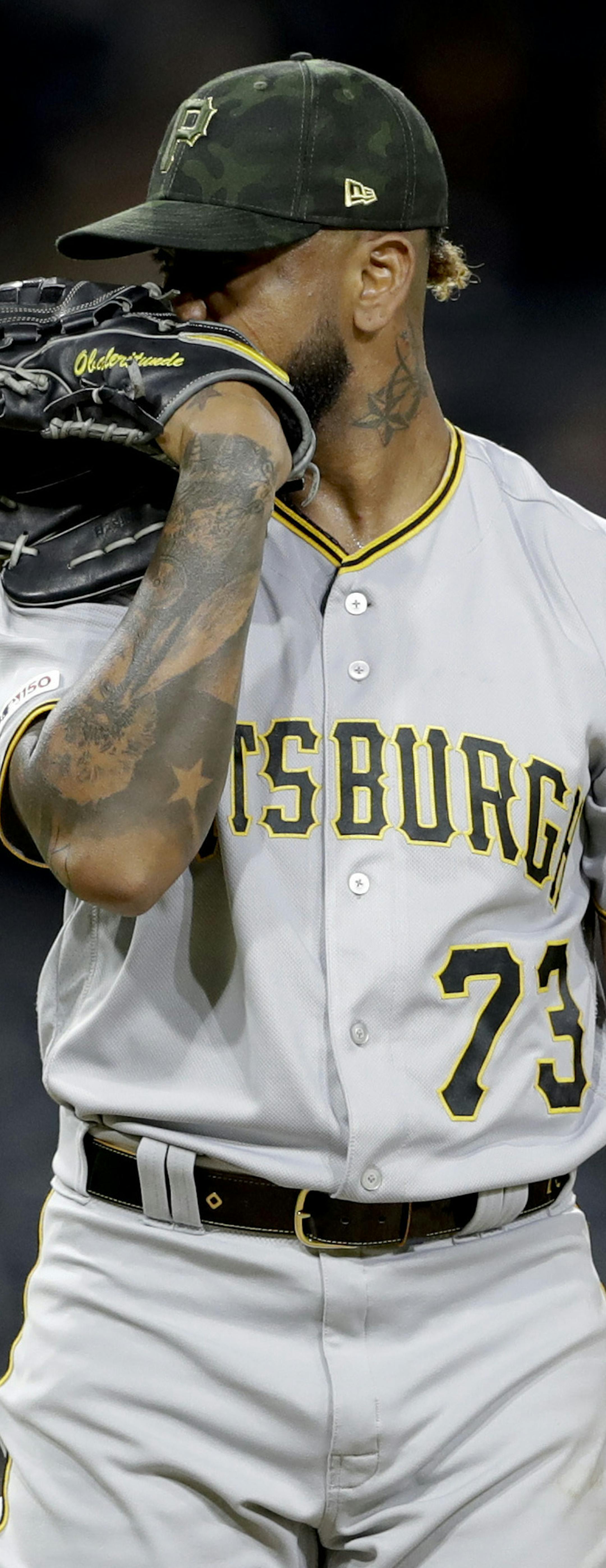 Pittsburgh Pirates relief pitcher Felipe Vazquez works against a San Diego Padres batter during the ninth inning of a baseball game Friday, May 17, 2019, in San Diego. (AP Photo/Gregory Bull) ORG XMIT: CAGB