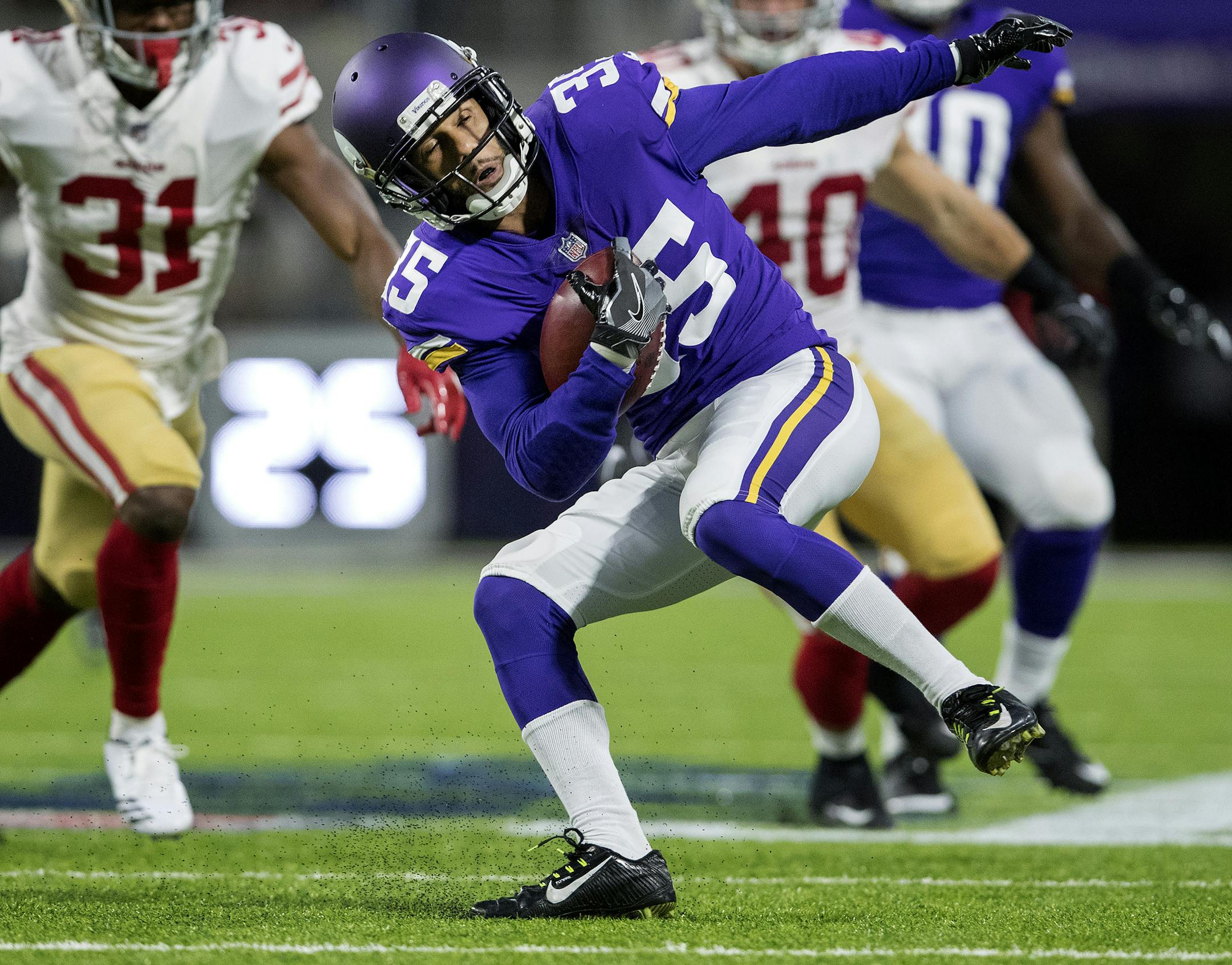 Marcus Sherels (35) returned a punt in the second quarter. ] CARLOS GONZALEZ ï cgonzalez@startribune.com - August 27, 2017, Minneapolis, MN, US Bank Stadium, NFL, Minnesota Vikings vs. San Francisco 49ers