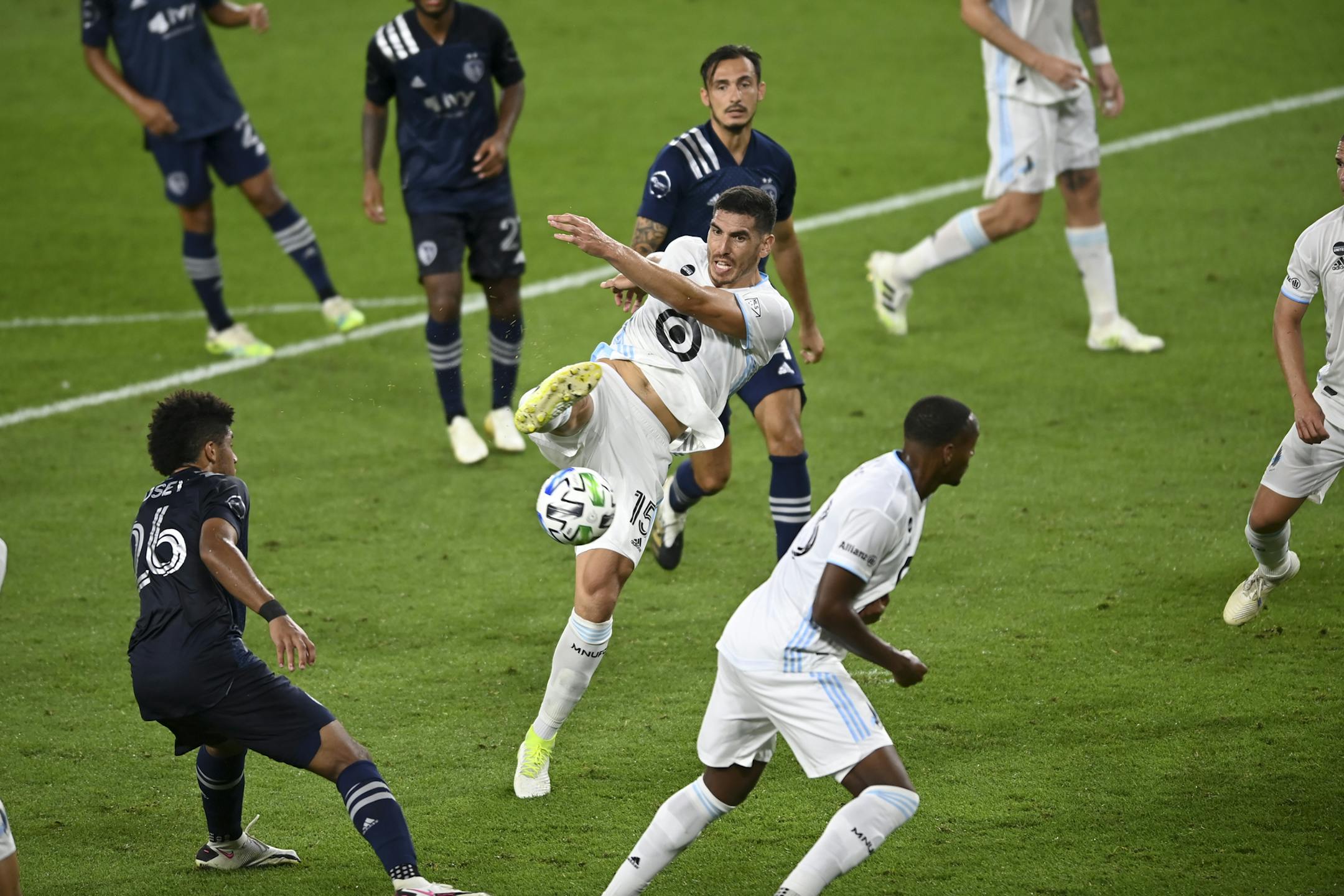 Minnesota United defender Michael Boxall (15) attempted a shot during stoppage time against Sporting Kansas City. ] aaron.lavinsky@startribune.com Minnesota United played Sporting KC on Friday, Aug. 21, 2020 at Allianz Field in St. Paul, Minn.