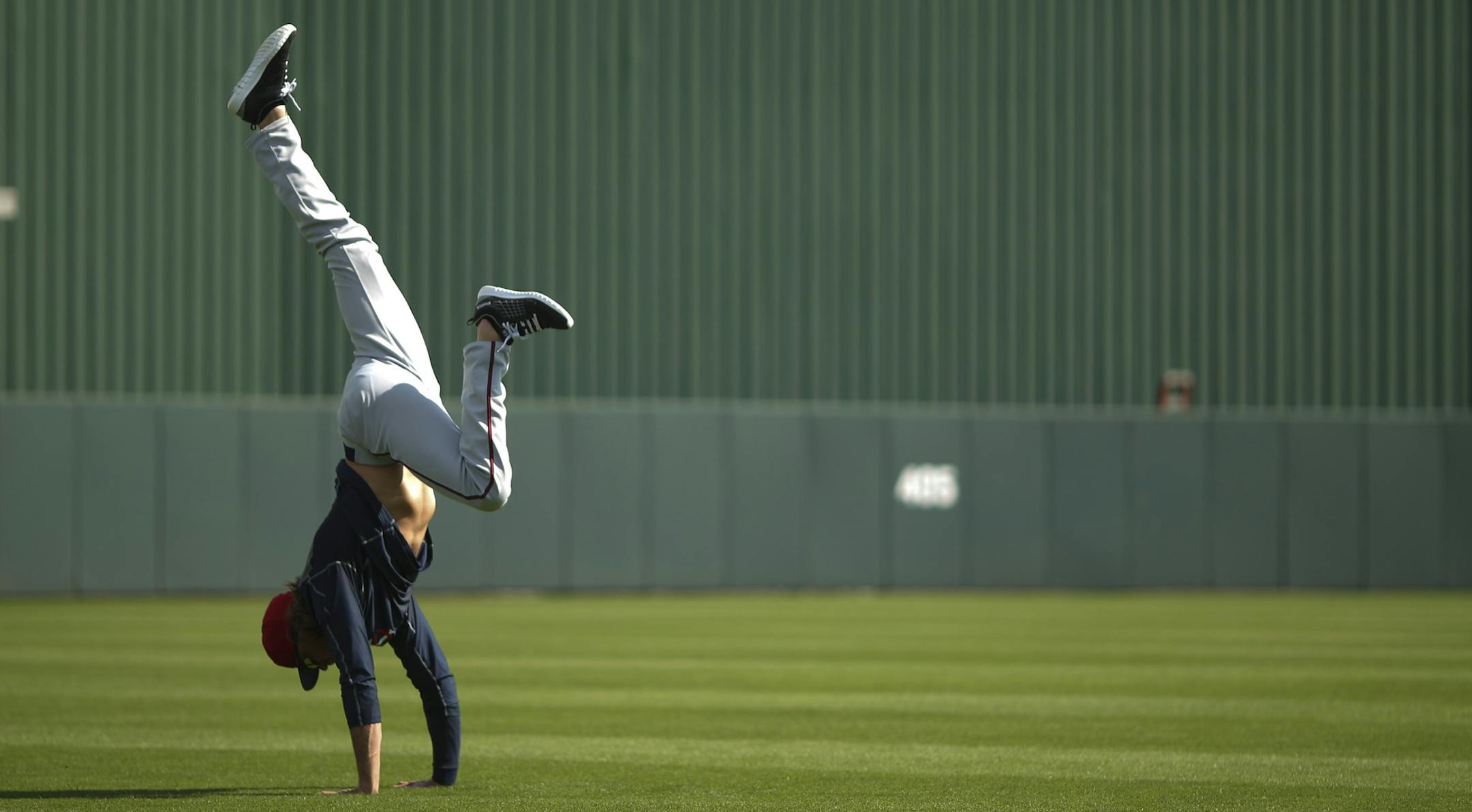 Twins pitcher Mark Hamburger was alone in wrapping up his post-workout stretching routine with a couple of handstands Tuesday morning at Hammond Stadium. ] JEFF WHEELER ï jeff.wheeler@startribune.com Twins pitchers and catchers continued their workouts Tuesday morning, February 24, 2015 at Hammond Stadium in Fort Myers, FL.