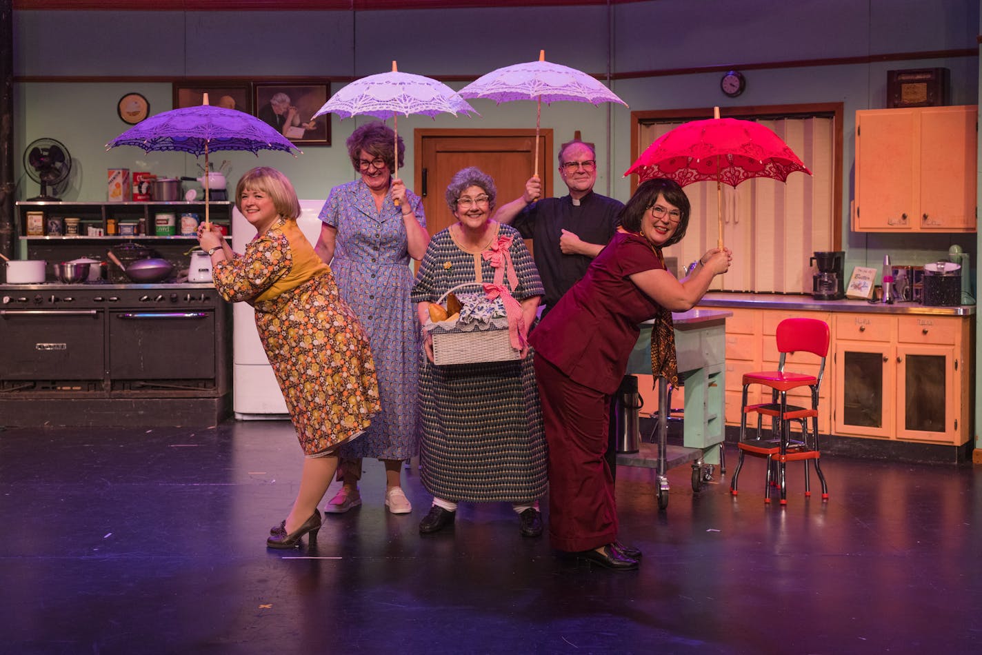 Church Basement Ladies. L-R Tara Borman, Greta Grosch, Janet Paone, Greg Eiden, Dorian Chalmers. Credit - Christine Huwe, Silver Bear Studio