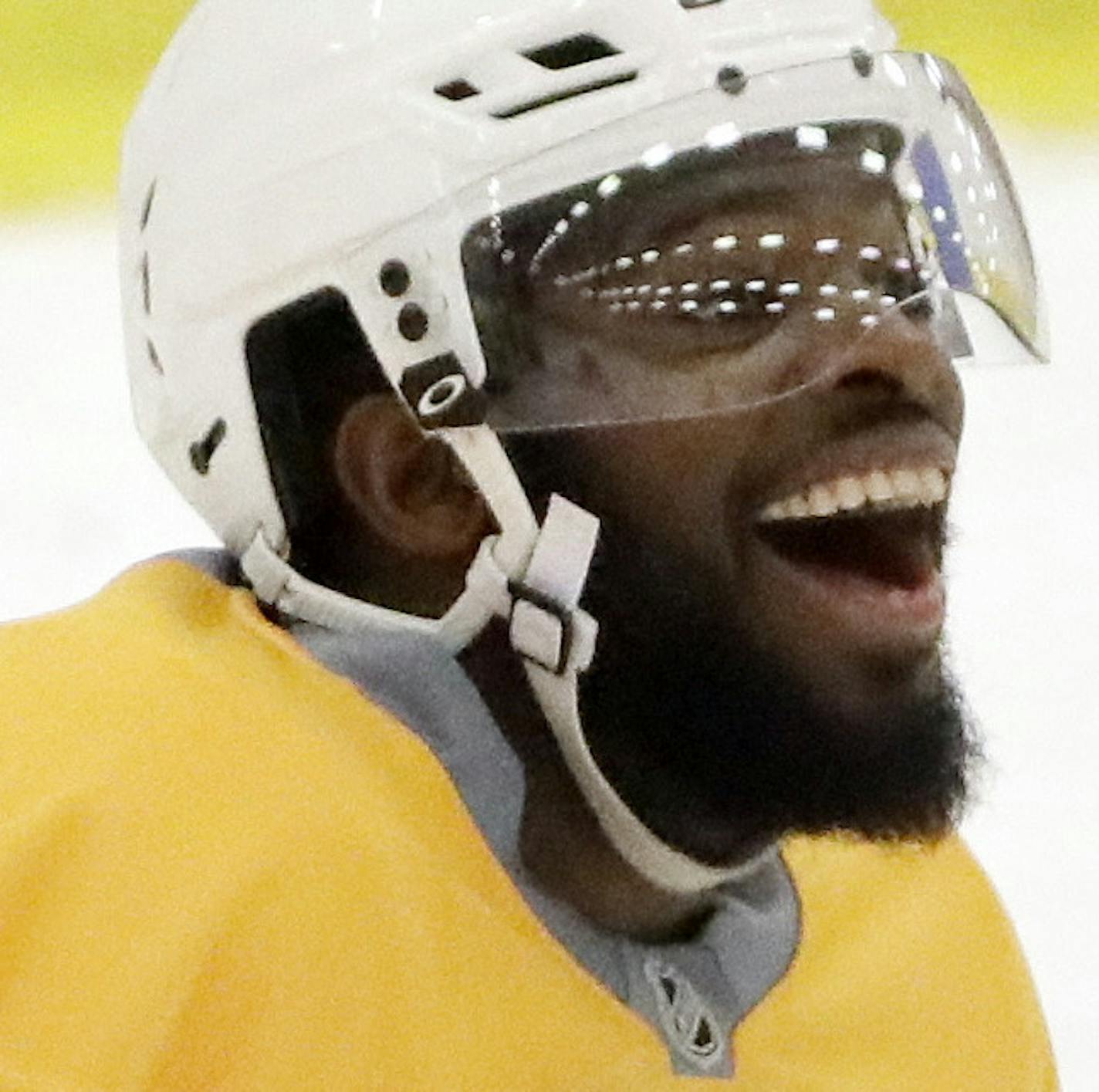 Nashville Predators defenseman P.K. Subban, right, jokes with teammates during practice at their NHL hockey facility Thursday, May 25, 2017, in Nashville, Tenn. At left is right wing James Neal. (AP Photo/Mark Humphrey)