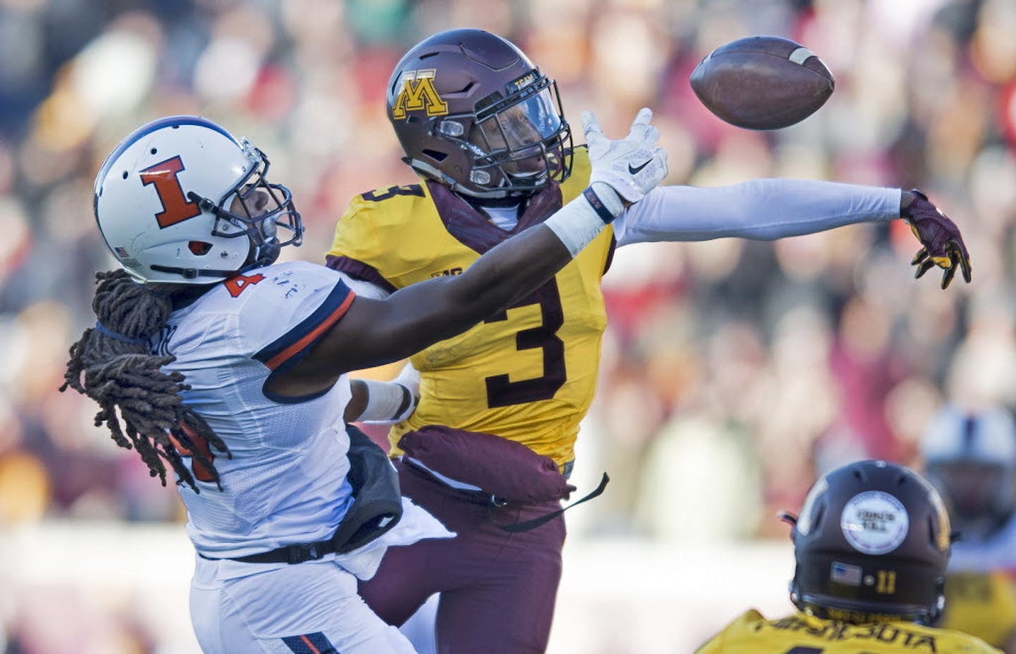 Gophers defensive back KiAnte Hardin (3) is one of four players under suspension by coach Tracy Claeys. The Minneapolis Plice Department confirmed an investigation involves the four players.