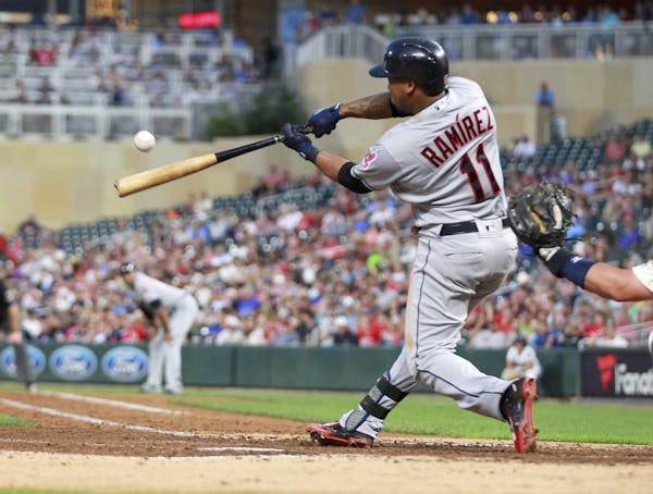 Cleveland Indians Jose Ramirez hits an RBI single off Minnesota Twins pitcher Kyle Gibson during the fifth inning.