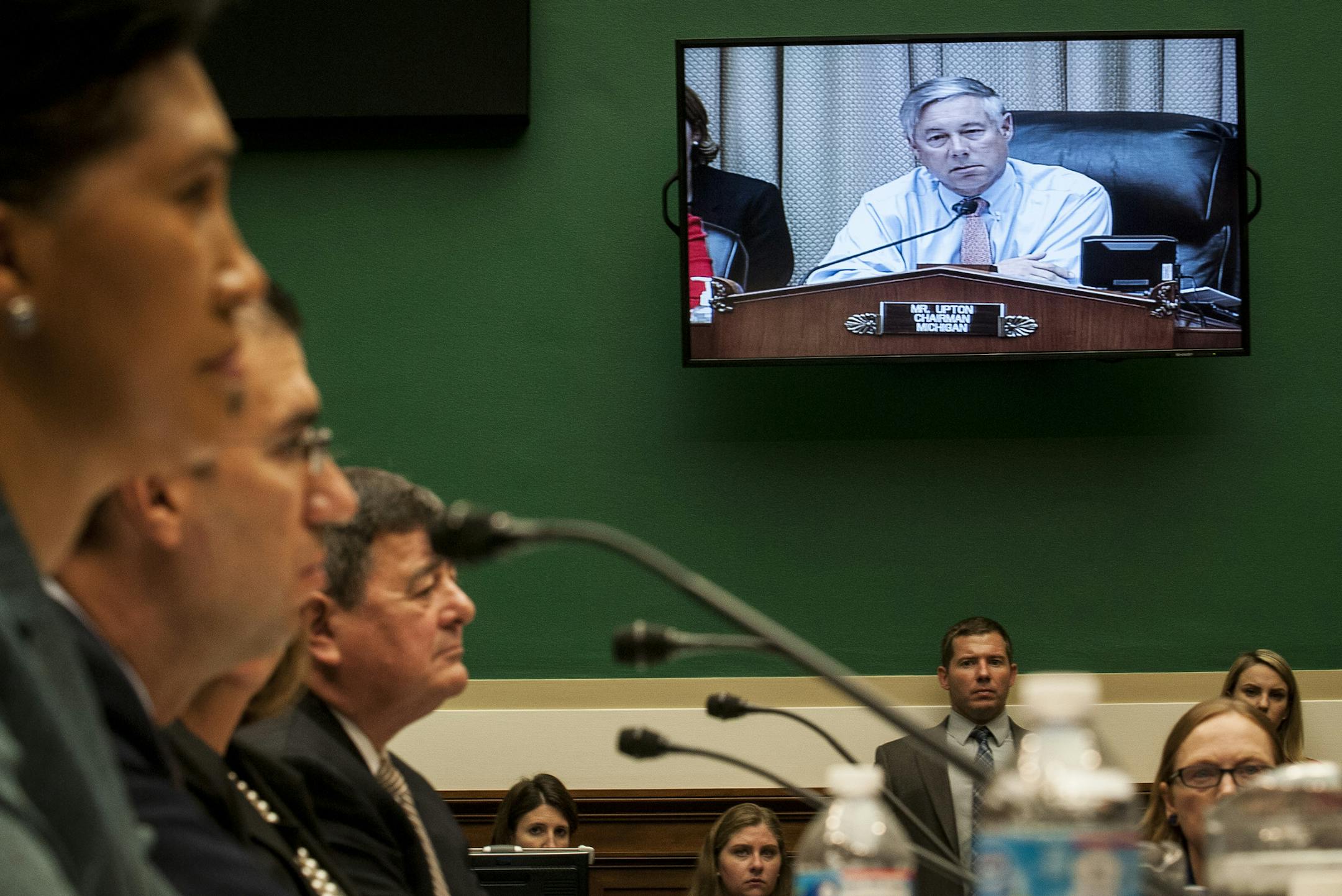 Rep. Fred Upton, Energy and Commerce Committee chairman, was projected on a screen Thursday during a hearing on technical malfunctions of the registration process for the Affordable Care Act.