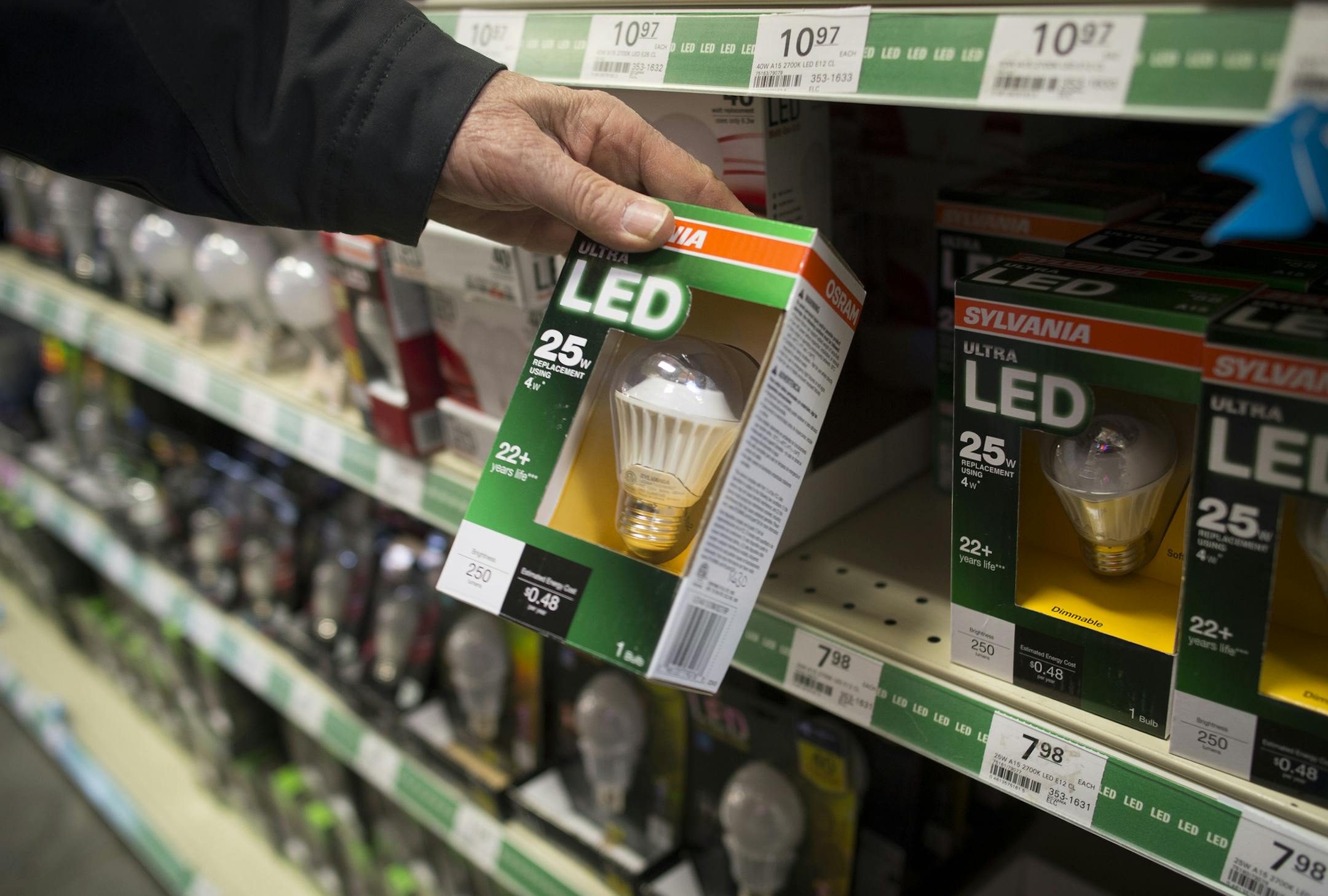 Bill Gray, of St. Paul, checks out a 4 watt dimmable Sylviana LED light. He is gradually replacing the incandescent bulbs in his home with LEDs as they go out. ] (Aaron Lavinsky | StarTribune) Sales of LED light bulbs grew by more than 60% last year and prices declined 18%. Experts predict mainstream acceptance at $5, which is possible except on the latest models, which can be switched on and off from a smartphone and play music thru Bluetooth speakers. A variety of LED lights were photographed