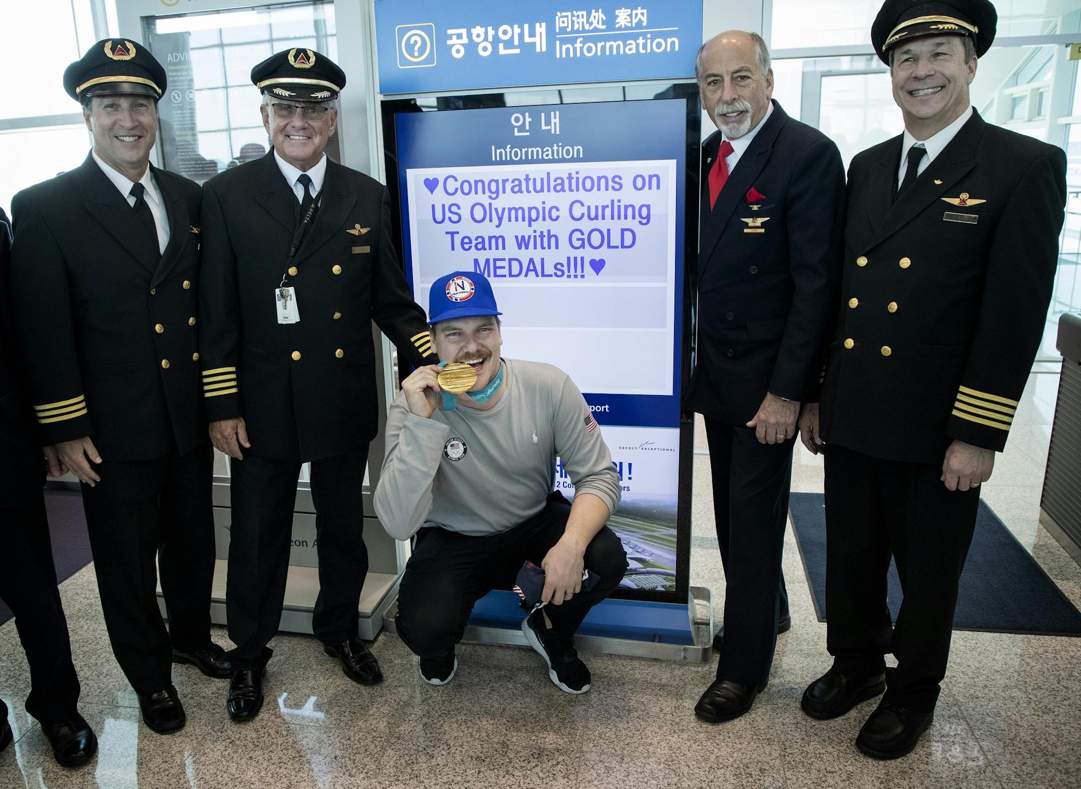 Matt Hamilton posed for a photo with Delta flight crew at Incheon Airport South Korea.
