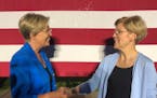 Seeing double? It's not you, it's Stephanie Oyen (left), an Elizabeth Warren doppelganger at the presidential candidate's rally in Minnesota on Monday