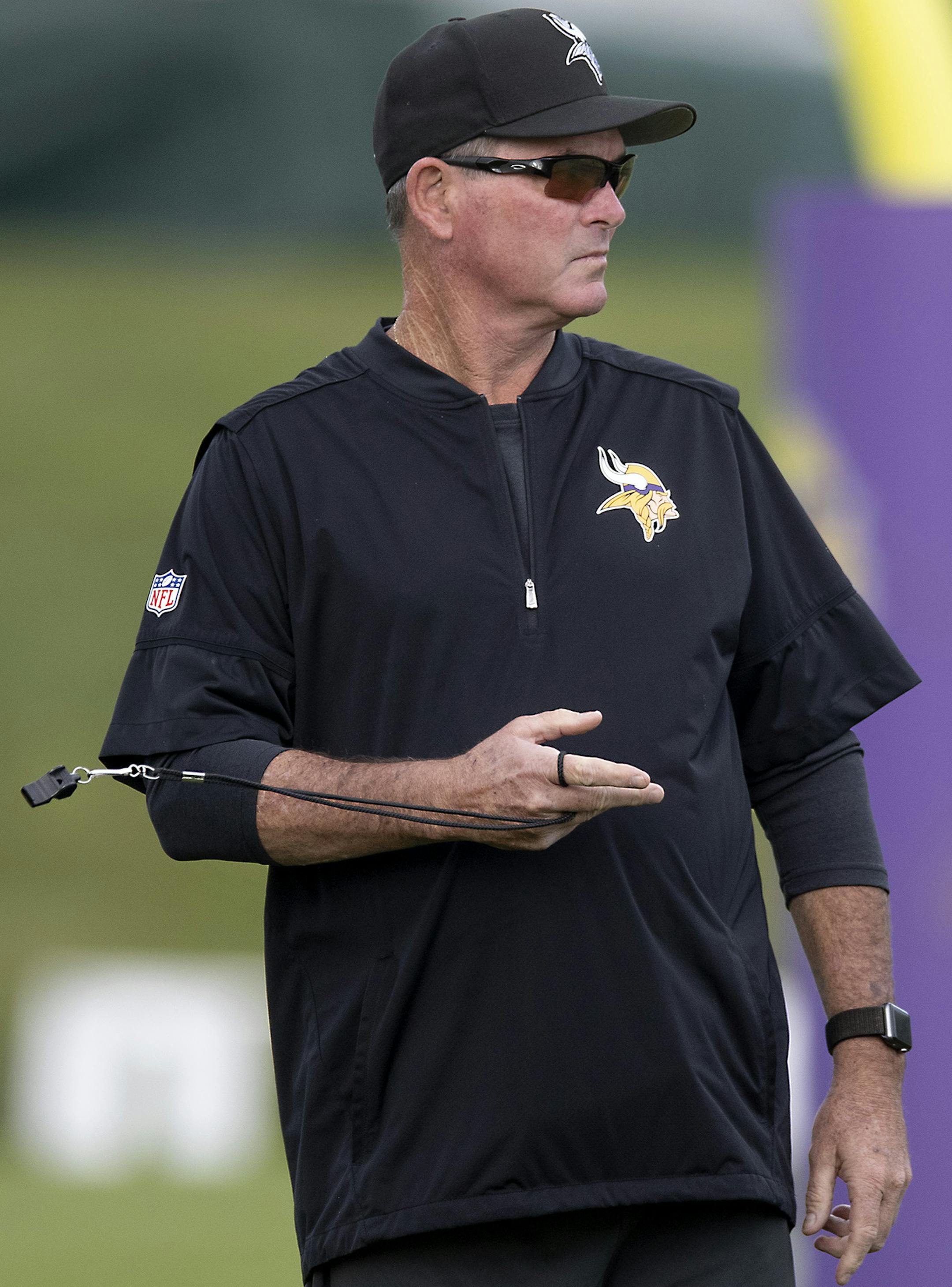 Minnesota Vikings Head Coach Mike Zimmer made his way onto the field for a walk-thru during the first full day of practice at Vikings training camp at the TCO Performance Center, Friday, July 26, 2019 in Eagan, MN. ] ELIZABETH FLORES &#x2022; liz.flores@startribune.com