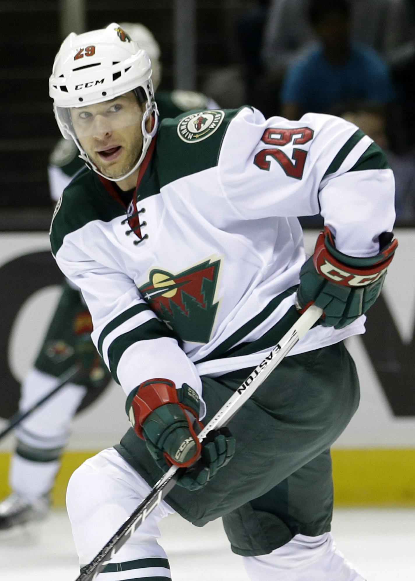 Minnesota Wild's Jason Pominville (29) during the first period of an NHL hockey game against the San Jose Sharks Saturday, Dec. 12, 2015, in San Jose, Calif. (AP Photo/Marcio Jose Sanchez) ORG XMIT: SJA302