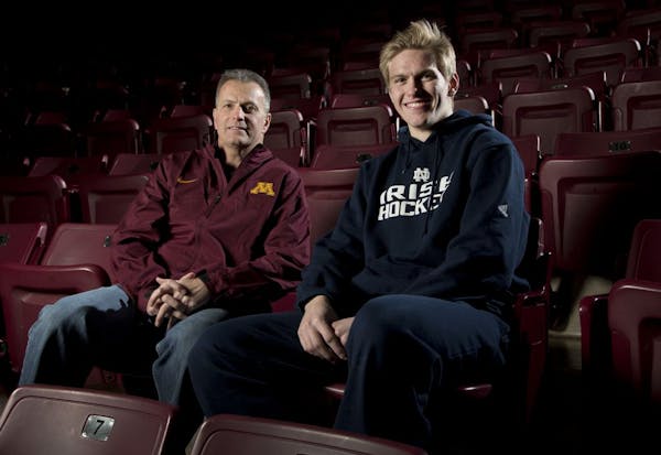 University of Minnesota head hockey coach Don Lucia and his son Mario, who is a standout player at Notre Dame.