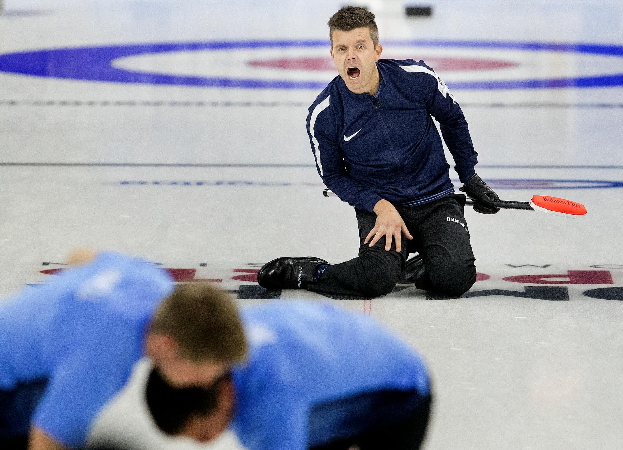 Heath McCormick called out after delivering the rock during Thursday action at the U.S. Olympic curling team trials. Team McCormick beat Team Shuster 5-3.