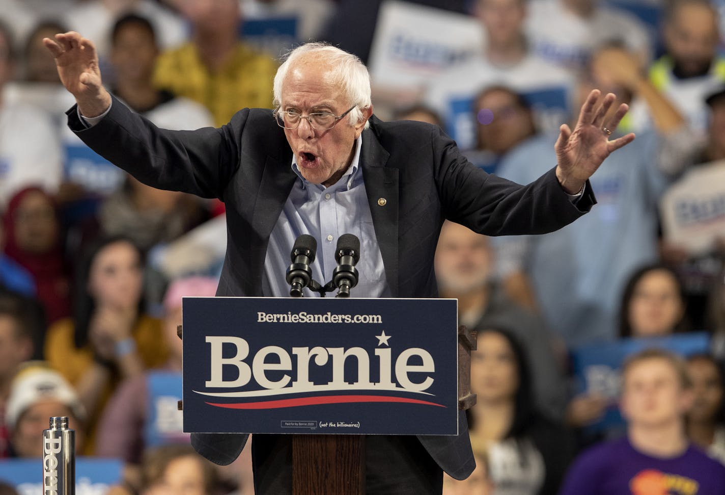 Sen. Bernie Sanders speaks during a rally with Rep. Ilhan Omar at Williams Arena at the University of Minnesota in Minneapolis on Sunday, Nov. 3, 2019. (Carlos Gonzalez/Star Tribune via AP)