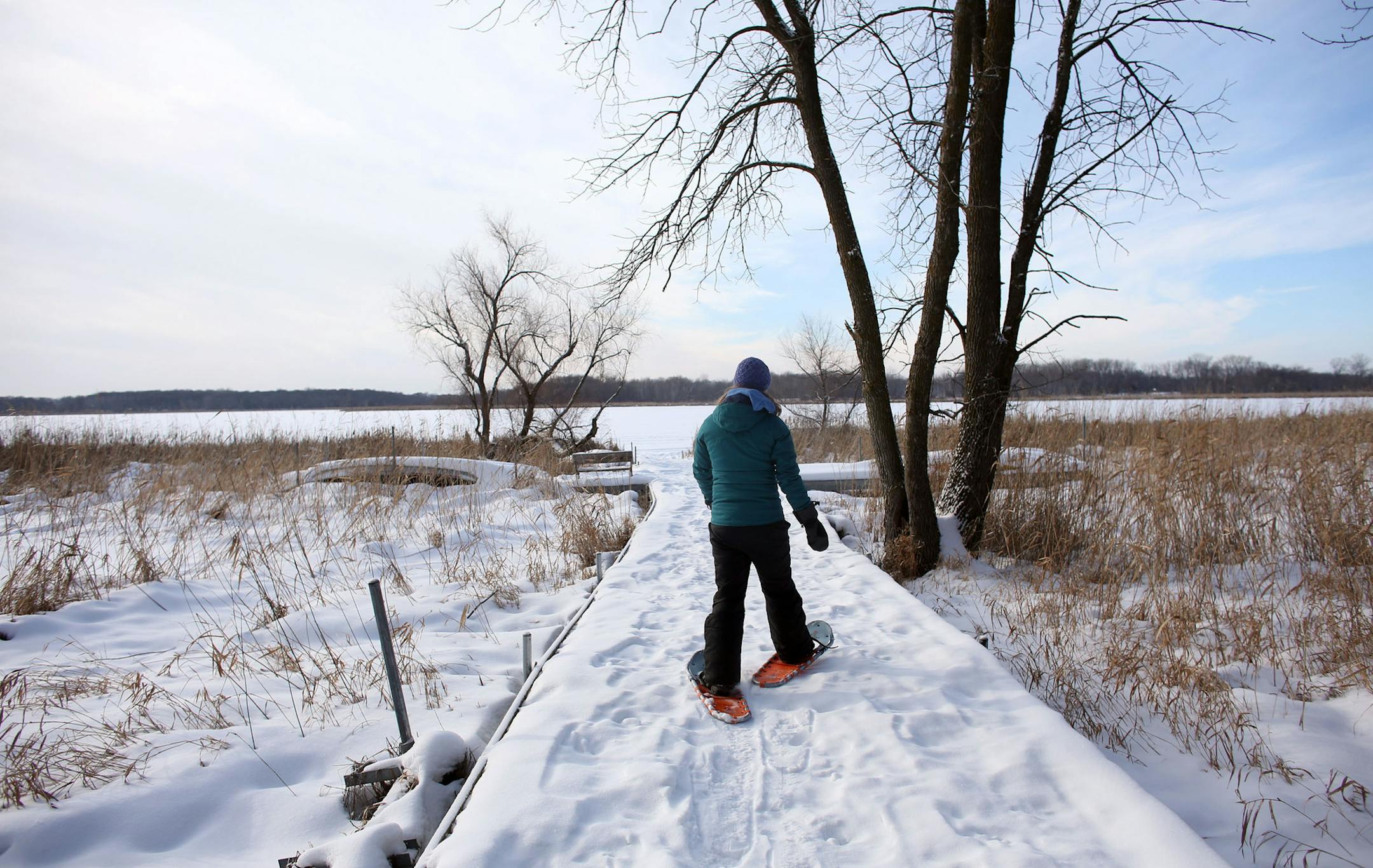 Mary Morris, Interpretive naturalist, walked out on a dock to try and find one of the geocaching sites to open it at a nature center in Lino Lakes Tuesday, December 31, 2013. ] (KYNDELL HARKNESS/STAR TRIBUNE) kyndell.harkness@startribune.com
