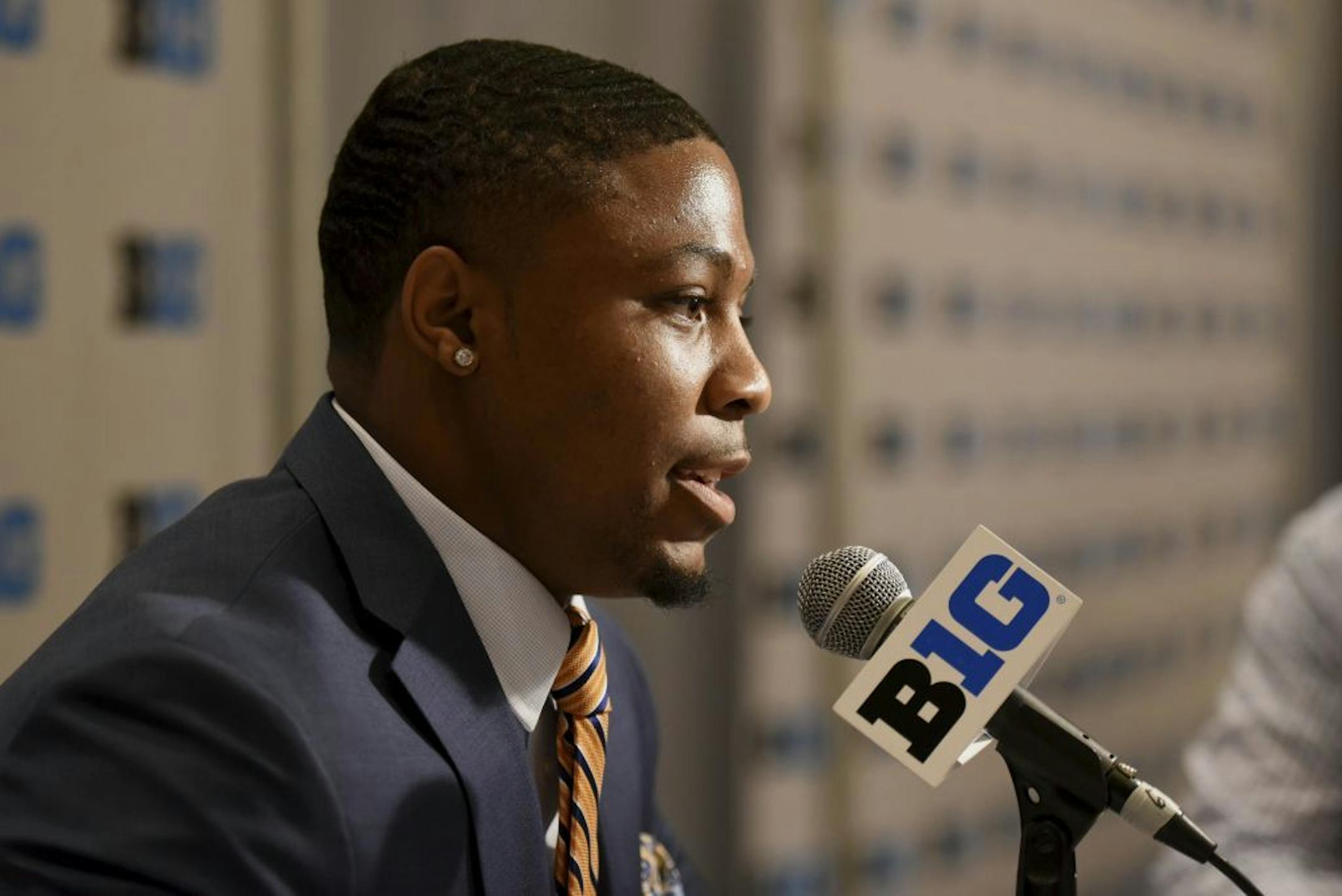 CORRECTS DATE - Minnesota NCAA college football running back Rodney Smith speaks at Big Ten Media Day in Chicago, Tuesday, July 25, 2017.
