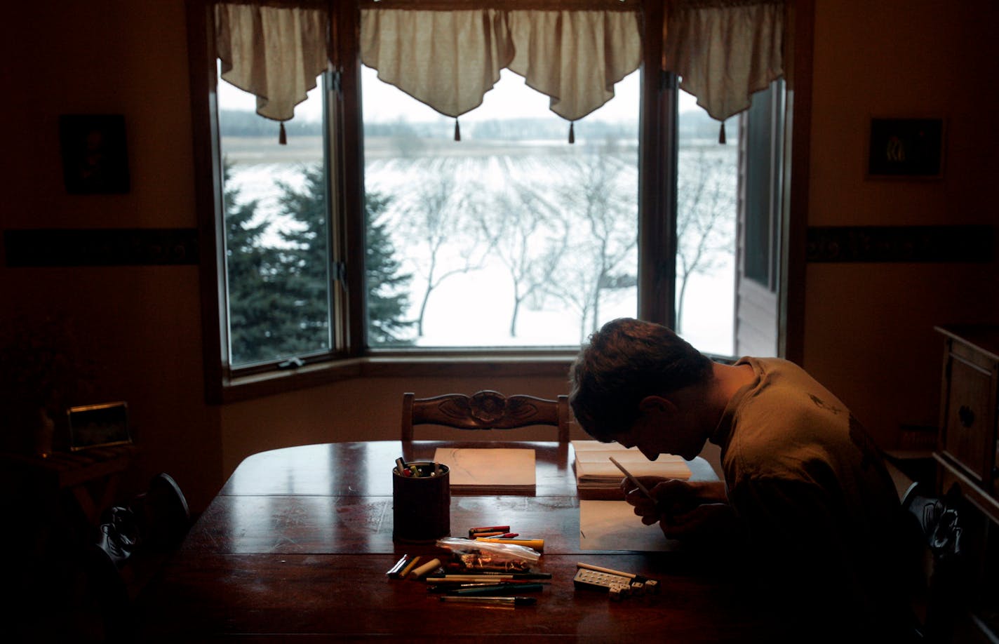 Stefan Kavan drew at his home in Le Center. His other hobbies include singing in the choir and competing in Knowledge Bowl.