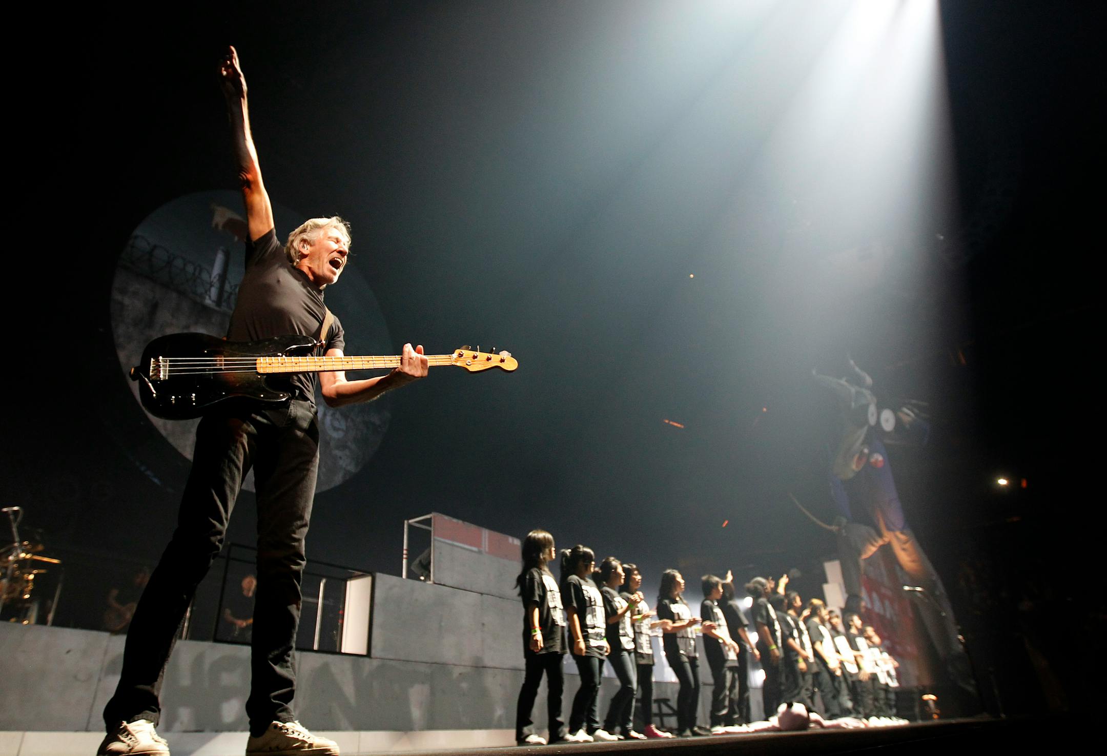 A group of St. Paul kids joined Roger Waters on the Xcel Energy Center stage on Wednesday as Waters performed Pink Floyd's "The Wall" as a rock opera. Waters didn't disappoint the nearly 16,000 on hand.