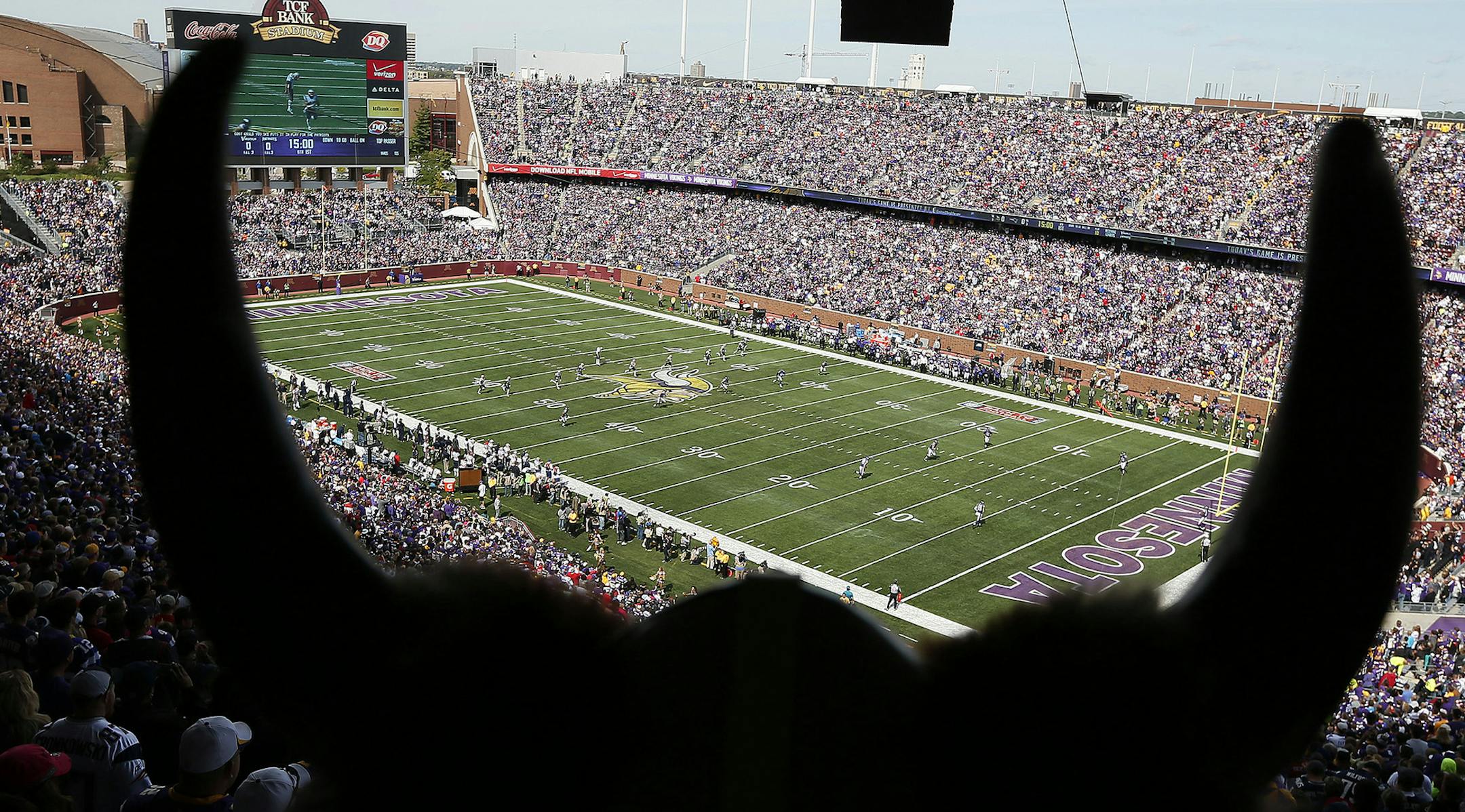 Vikings fans stood during the home opening kickoff at TCF Bank Stadium. The Minnesota Vikings hosted the New England Patriots at TCF Bank Stadium Sunday September 14 , 2014 in Minneapolis , MN. ] Jerry Holt Jerry.holt@startribune.com ORG XMIT: MIN1409141535141190