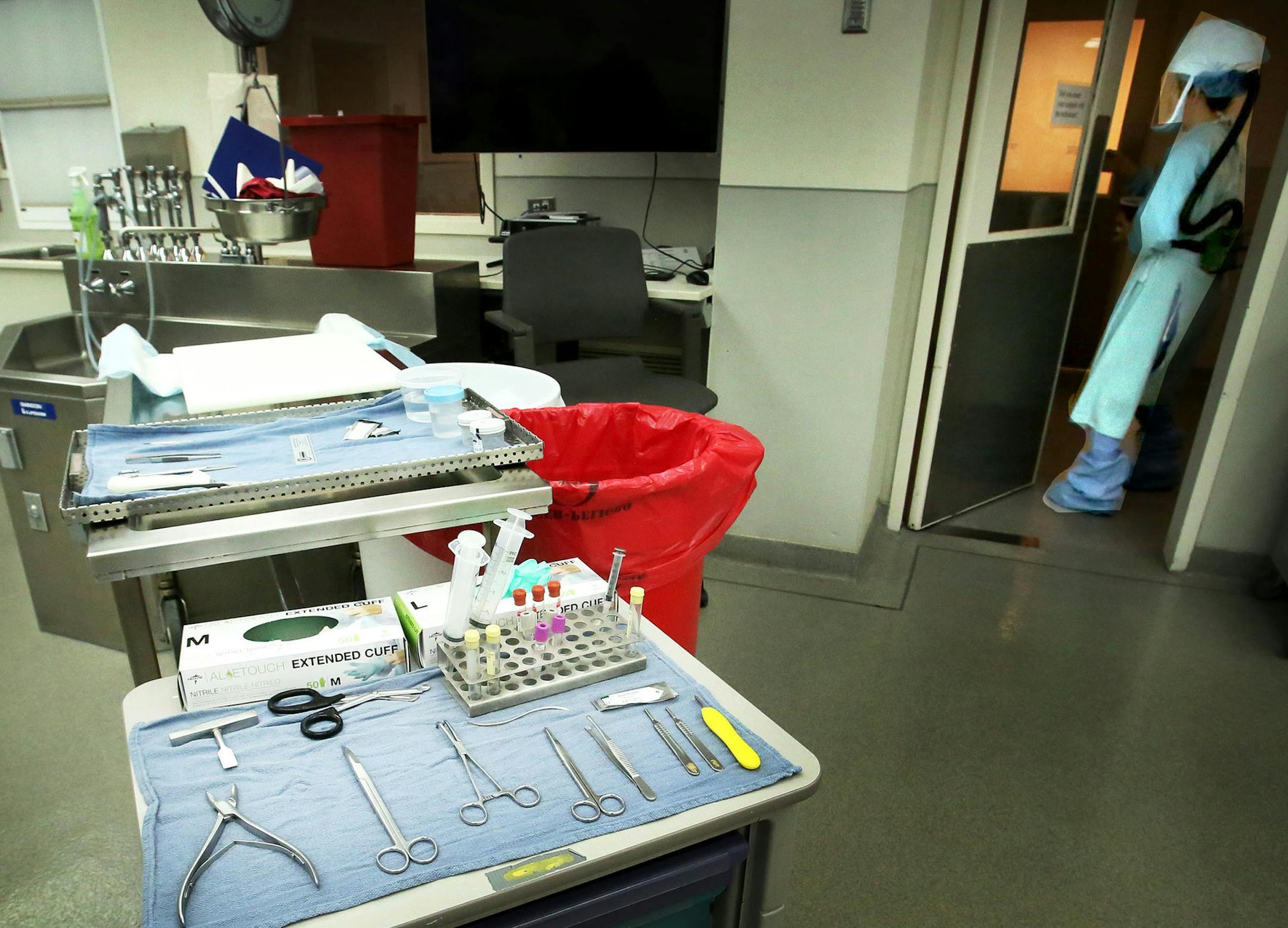 An autopsy bay at the Hennepin County medical examiner’s office, which sits in the shadow of the new Vikings stadium.