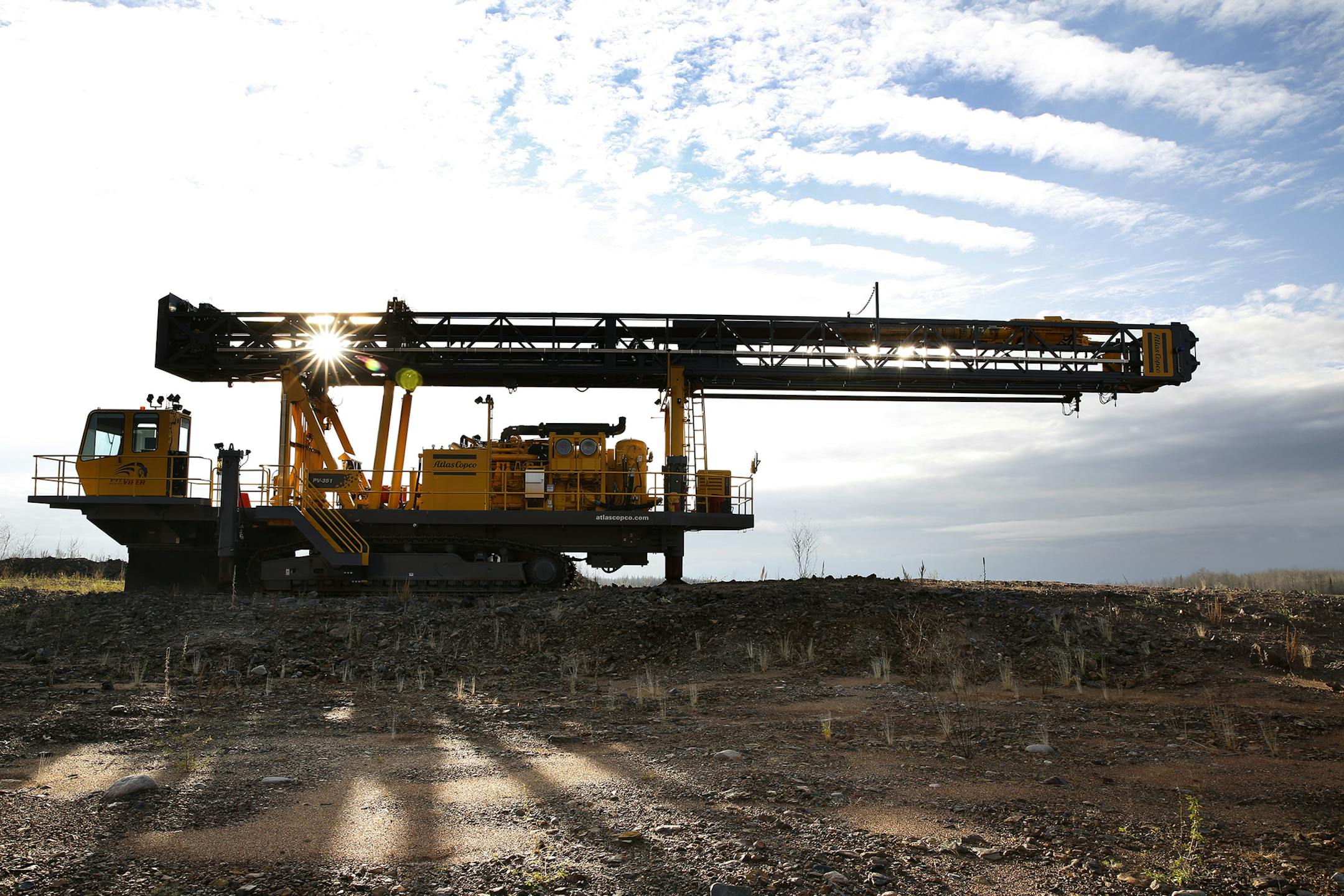 An Atlas Copco pit viper drill sits in 2014 on the site of Essar Steel Minnesota's stalled taconite mine project in Nashwauk, Minn. Chippewa Capital has met another state deadline to jumpstart the project. (LEILA NAVIDI/Star Tribune file photo)
