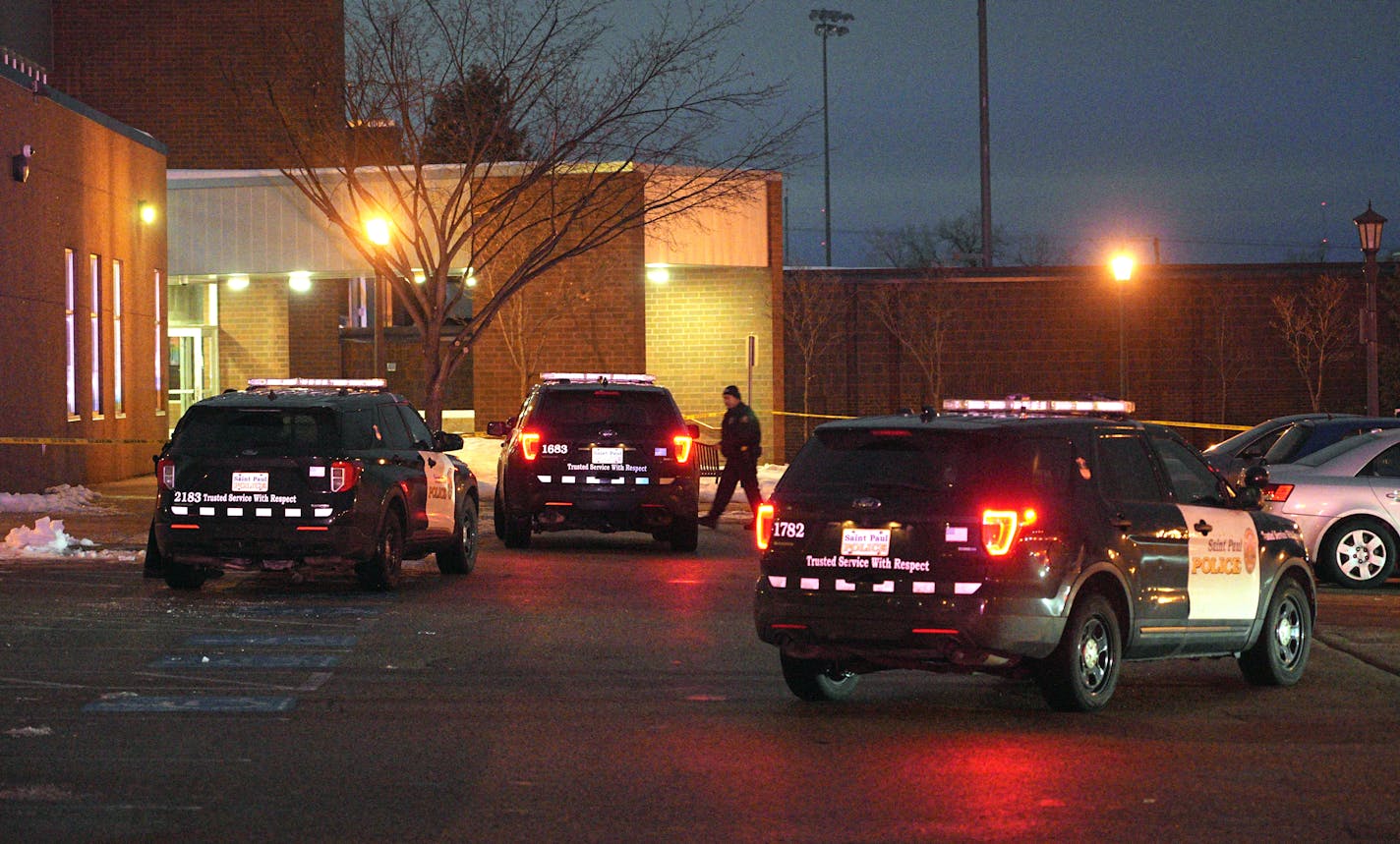 Police tape and squad cars outside the Jimmy Lee Rec Center, where one person was shot Wednesday following a report of a fight. Wednesday, Jan. 18, 2023 in St Paul, Minn. ] Brian Peterson • brian.peterson@startribune.com