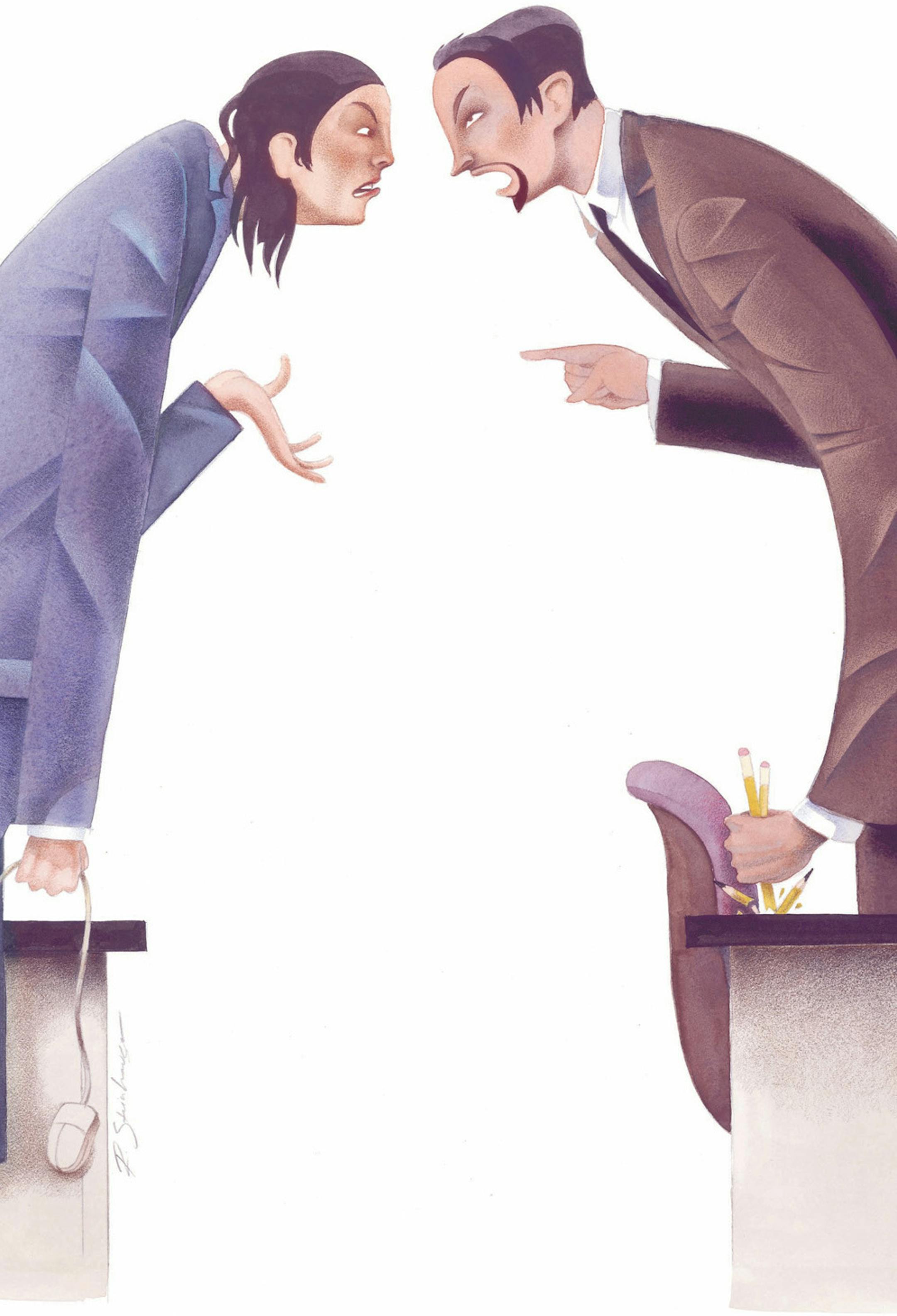 200 dpi 79p x 82p Rick Steinhauser color illustration of an angered businessman pointing finger and crushing pencils while facing off with an angry businesswoman holding a disconnected computer mouse; represents how conflict in the workplace can hinder productivity. Akron Beacon Journal 1999 With CONFLICT, Knight Ridder by Candace Goforth