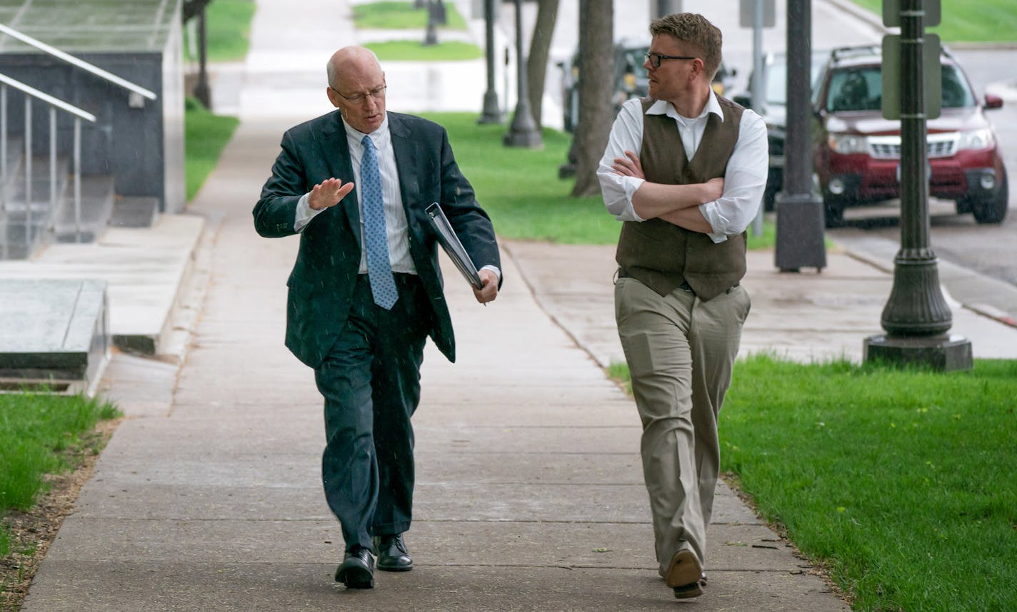 MMB Commissioner Myron Frans walked in the rain to an evening Senate Finance Committee meeting with Keith Hovis, communications director for MMB. ] GLEN STUBBE &#x2022; glen.stubbe@startribune.com Monday, May 14, 2018 Profile of Minnesota Management and Budget Commissioner Myron Frans, a probation officer-turned-tax lawyer-turned top commissioner to the governor. He's one of the few people in Dayton's inner circle who has stuck around for all eight years, moving from Commissioner of Revenue to M