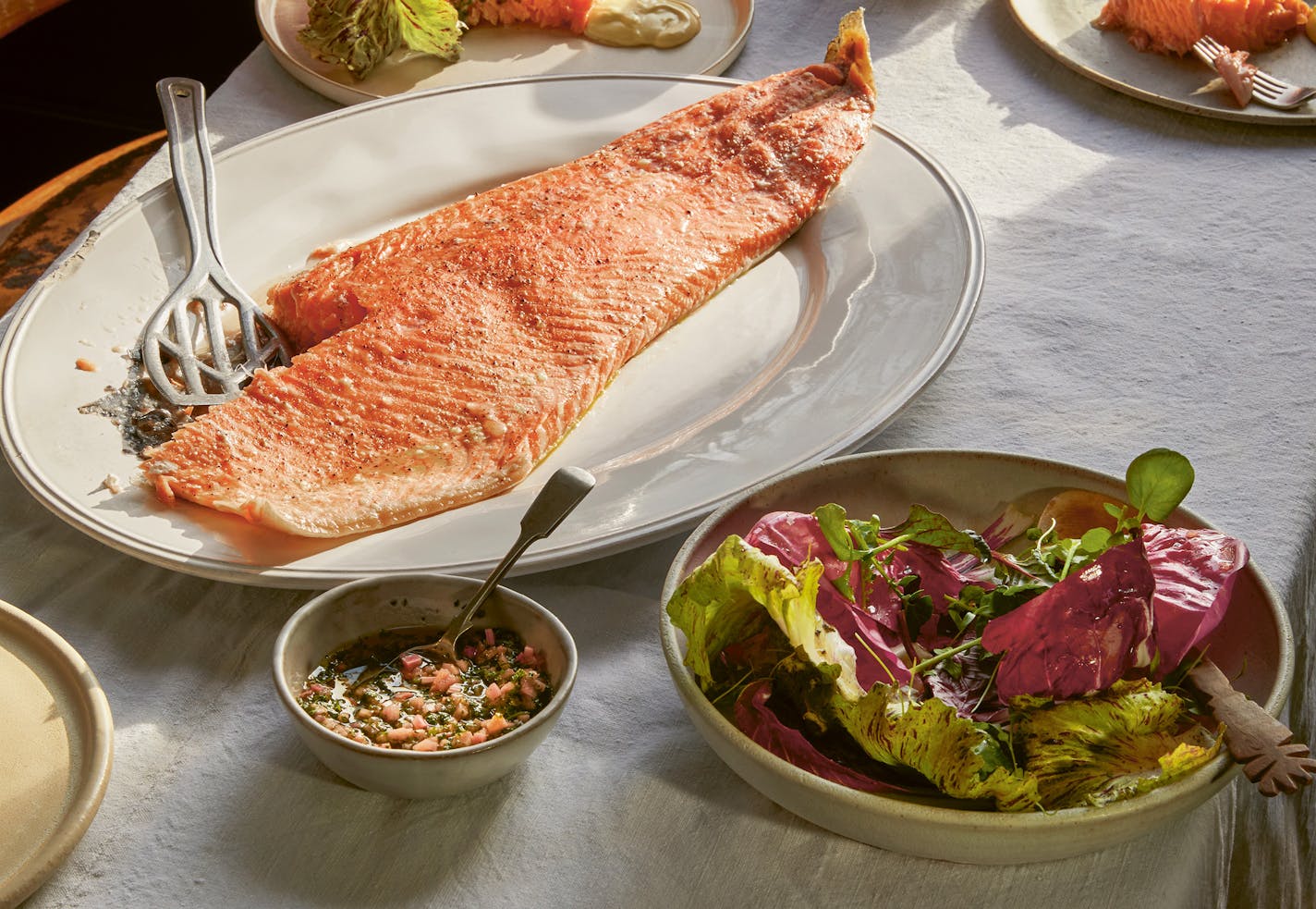 A platter of slow-cooked salmon that's served with pickled rhubarb relish.