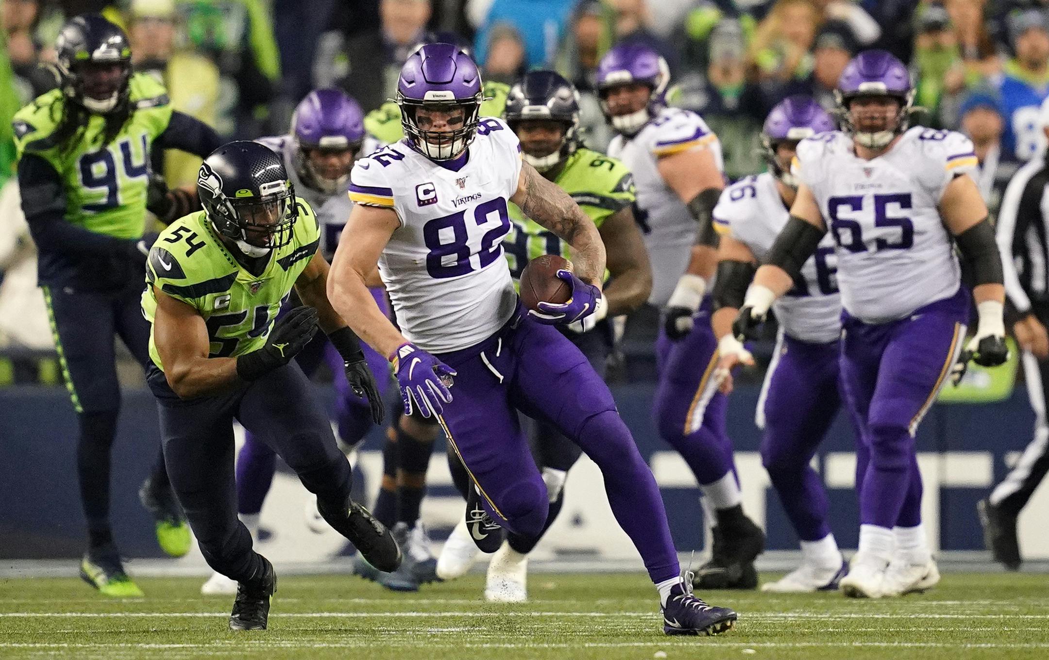 Vikings tight end Kyle Rudolph (82) gained yards off a throw from Vikings quarterback Kirk Cousins (8) in the fourth quarter. ] ANTHONY SOUFFLE &#x2022; anthony.souffle@startribune.com The Minnesota Vikings played the Seattle Seahawks in an NFL game Monday, Dec. 2, 2019 at CenturyLink Field in Seattle.