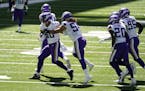 Minnesota Vikings linebacker Eric Wilson (50) celebrates an interception during the first half of an NFL football game against the Indianapolis Colts,