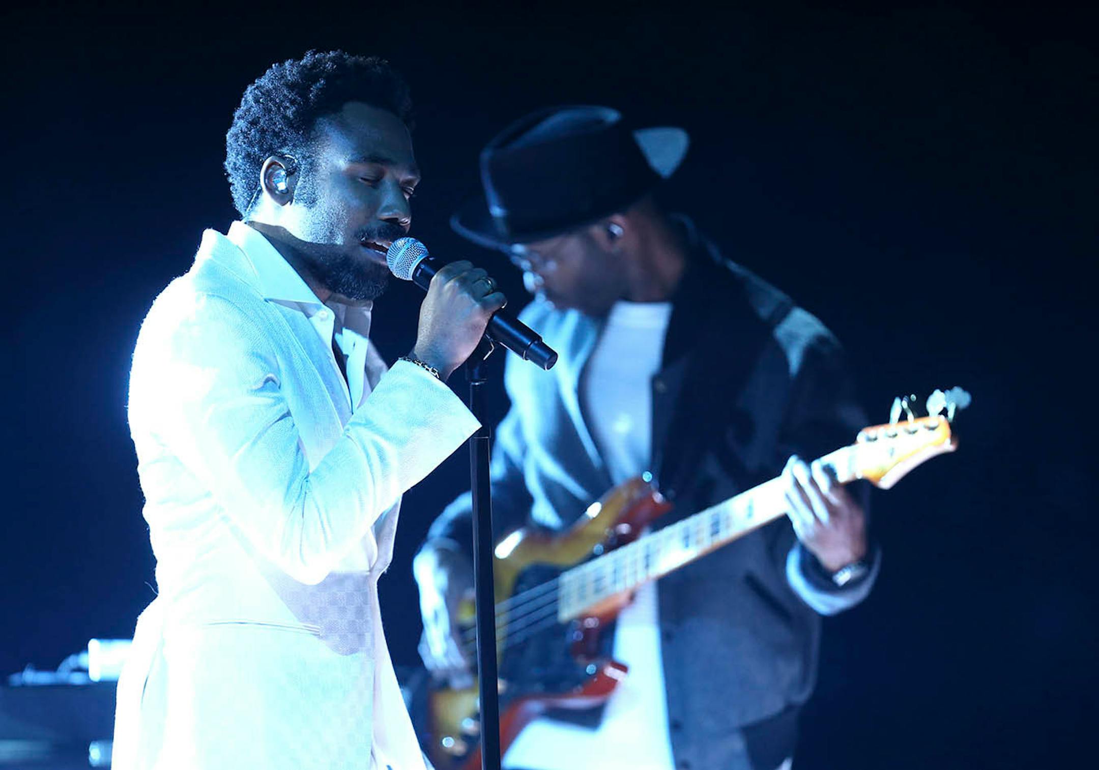 Childish Gambino, left, performs "Terrified" at the 60th annual Grammy Awards at Madison Square Garden on Sunday, Jan. 28, 2018, in New York.