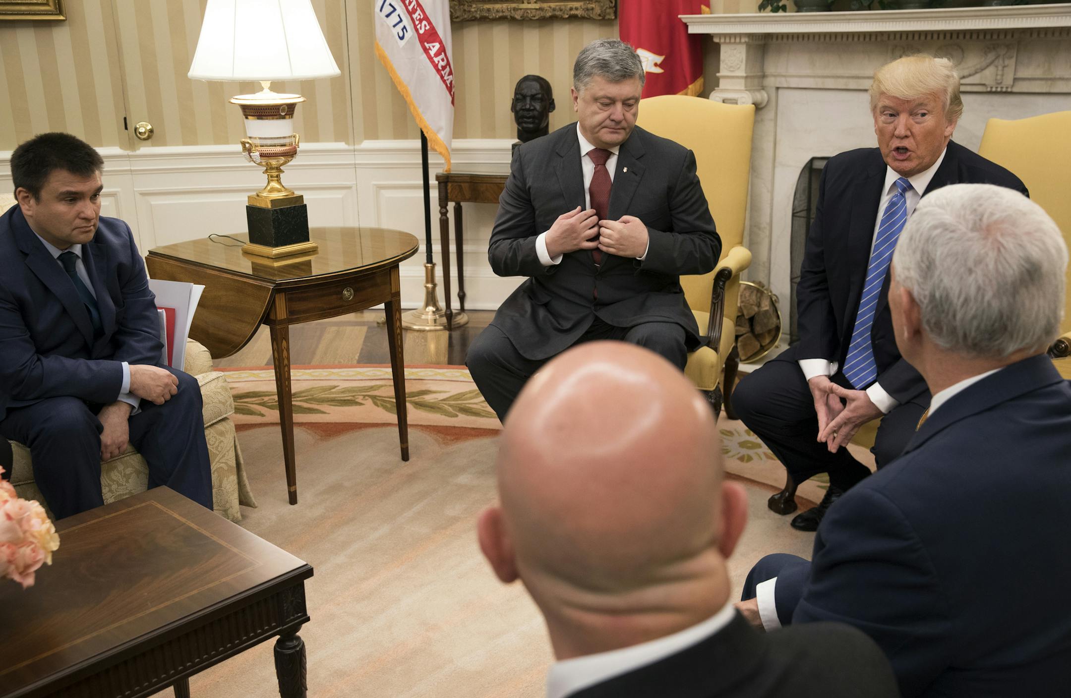 President Donald Trump meets with Ukrainian President Petro Poroshenko in the Oval Office at the White House, in Washington, June 20, 2017. In the meeting Trump mentioned that it was a “disgrace” about what happened to Otto Warmbier, a recently released U.S. student held prisoner for 17 months in North Korea only to die a few days later. Vice President Mike Pence and National Security Adviser H.R. McMaster were also present. (Stephen Crowley/The New York Times)