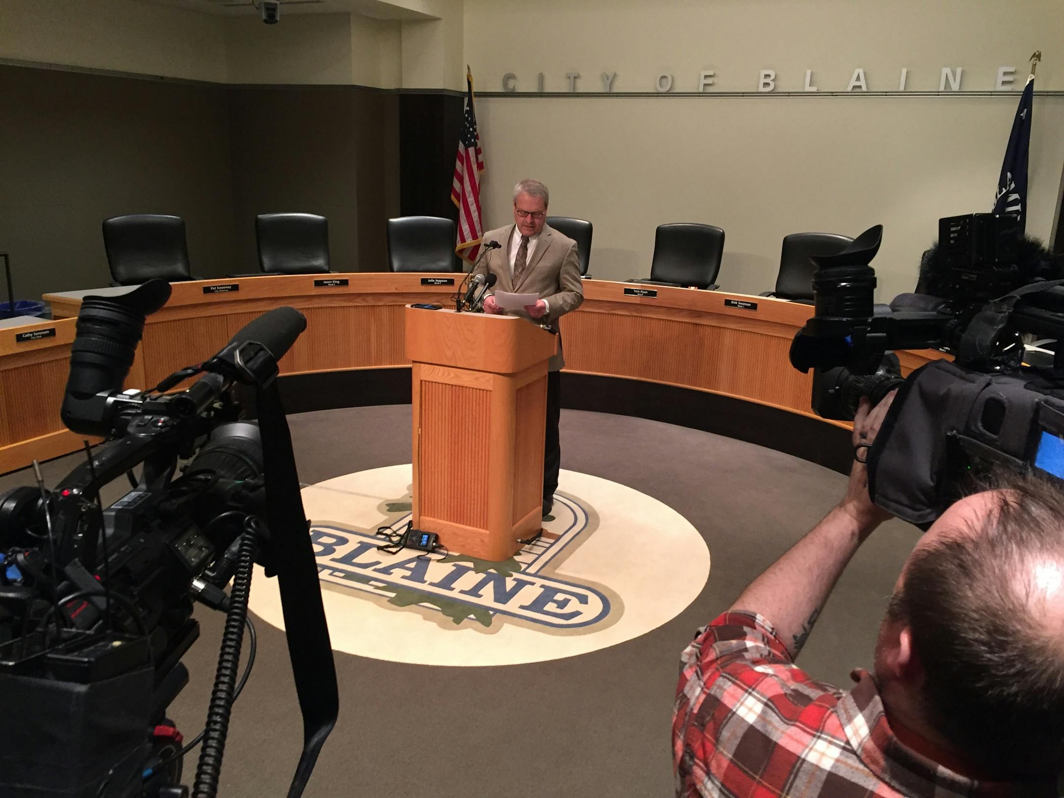 Blaine City Administrator Clark Arneson addresses the media following the boil water advisory.