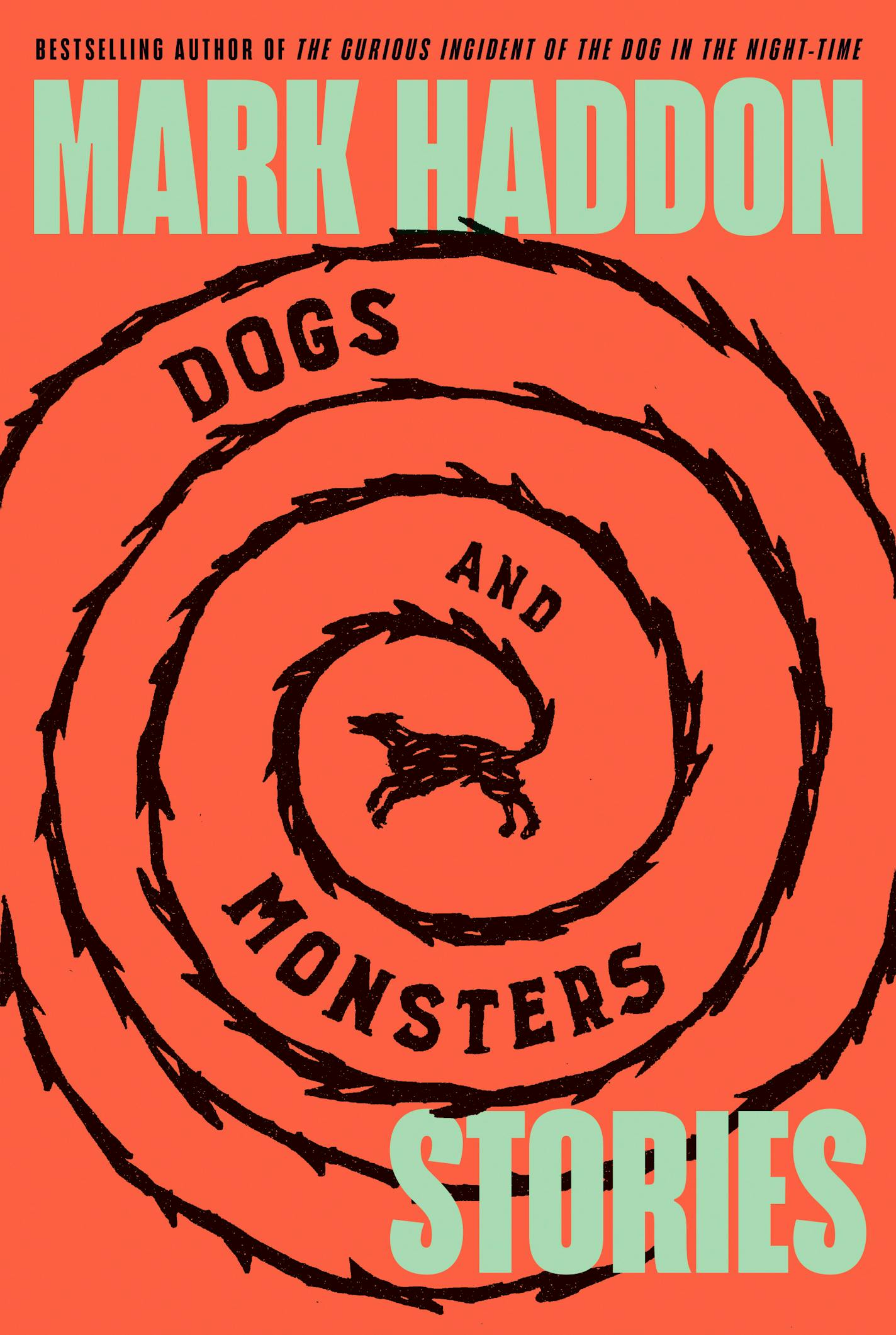 cover of Dogs and Monsters is orange, with a black sketch of a dog in a circular maze