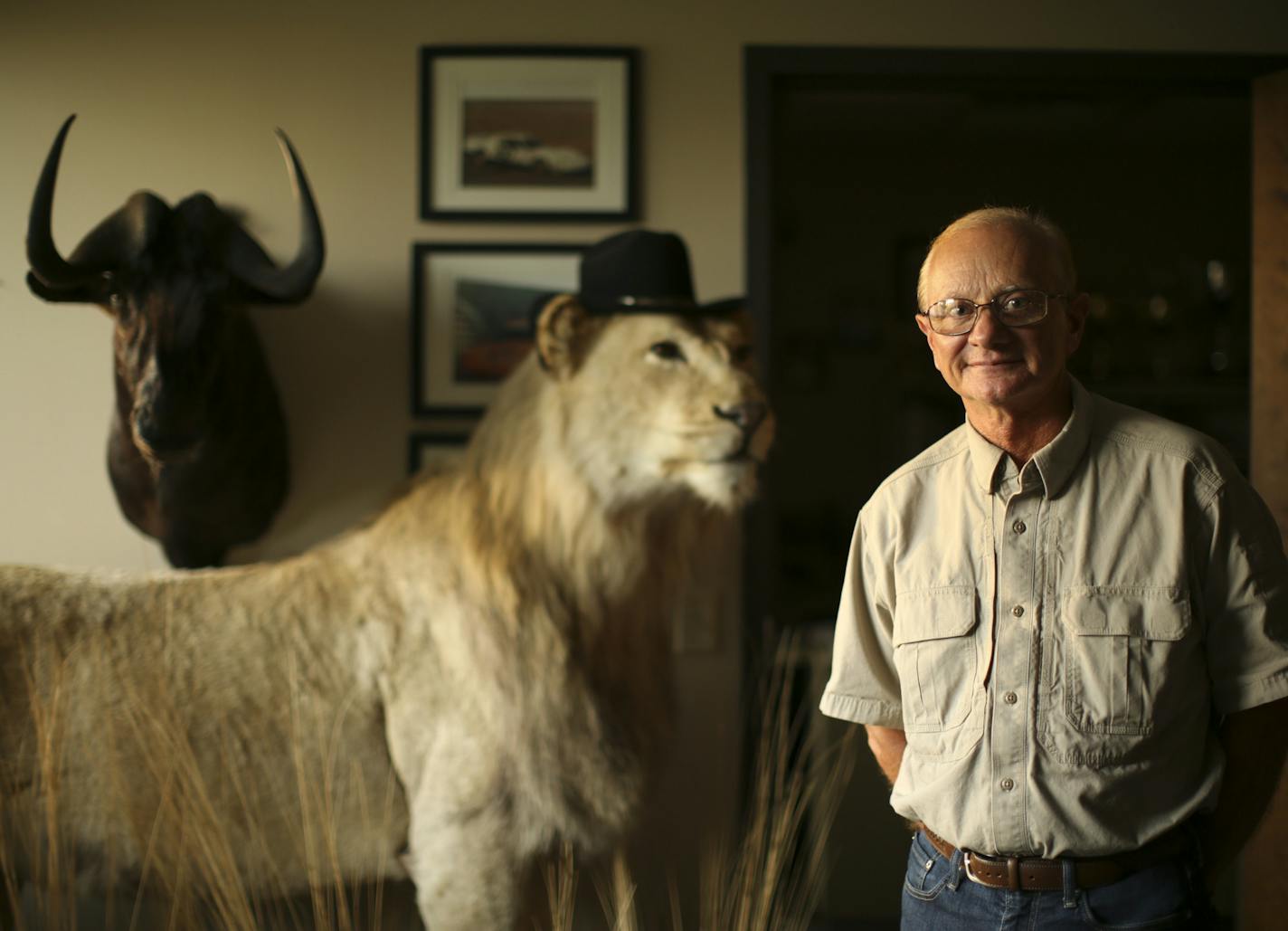 Big-game trophy hunter Jim Derhaag, a former race car driver, poses in his Shakopee office with a lion and a black wildebeest he shot while on African hunting safaris.