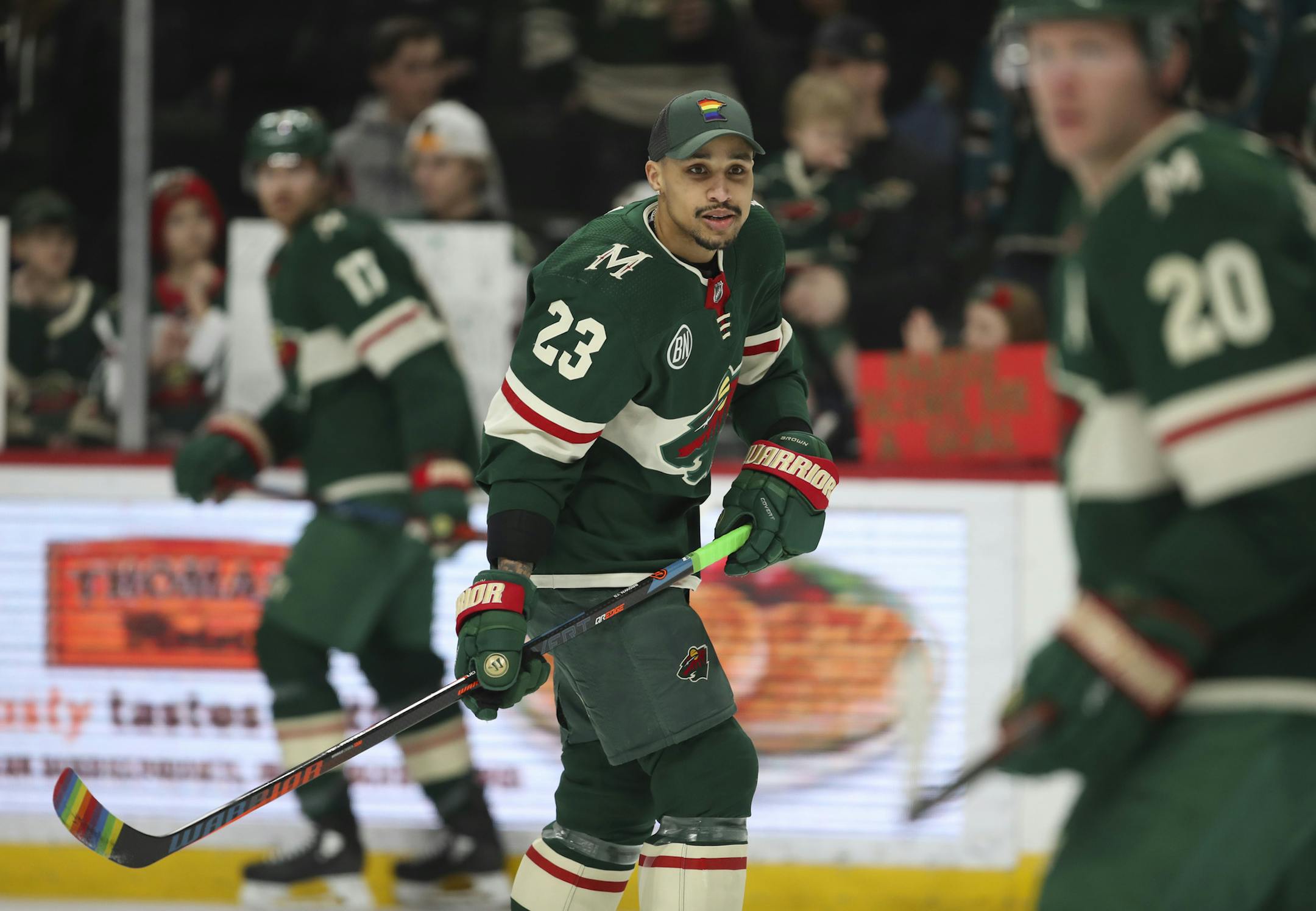 During the pregame skate, Minnesota Wild right wing J.T. Brown was among several players who warmed up with stick blades taped with rainbow colors on the night of the Wild's annual "Hockey is for Everyone" night. Brown took it further by wearing a cap with a rainbow logo in the shape of Minnesota on its crown. ] JEFF WHEELER &#x2022; jeff.wheeler@startribune.com The Minnesota Wild lost to the San Jose Sharks 3-0 in an NHL hockey game Monday night, March 11, 2019 at Xcel Energy Center in St. Paul