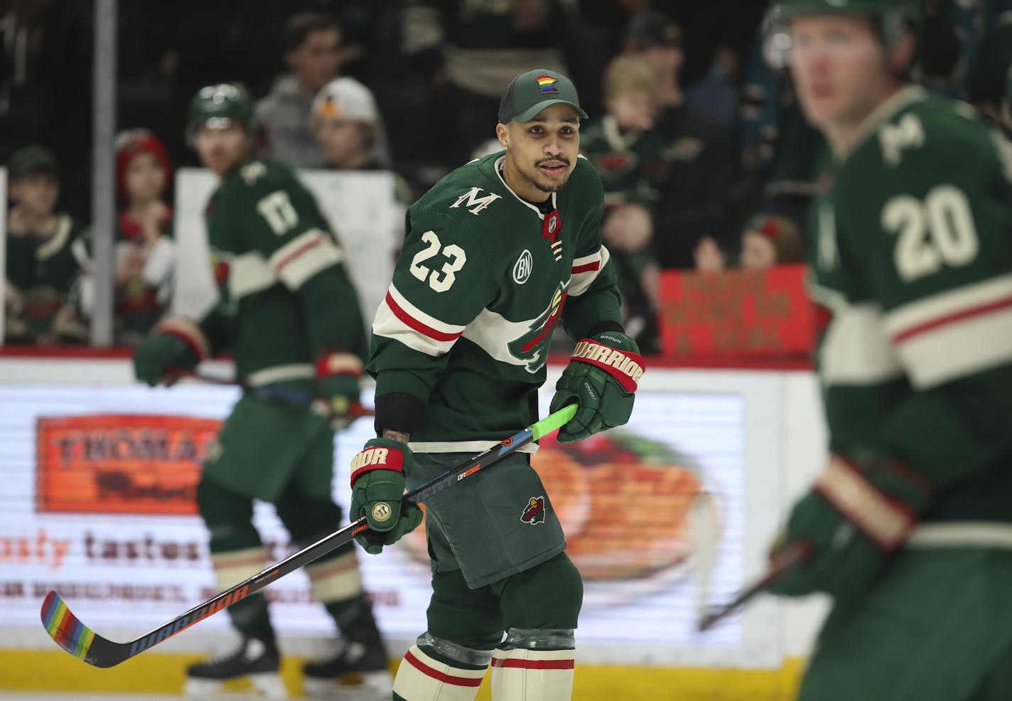 During the pregame skate, Minnesota Wild right wing J.T. Brown was among several players who warmed up with stick blades taped with rainbow colors on the night of the Wild's annual "Hockey is for Everyone" night. Brown took it further by wearing a cap with a rainbow logo in the shape of Minnesota on its crown. ] JEFF WHEELER &#x2022; jeff.wheeler@startribune.com The Minnesota Wild lost to the San Jose Sharks 3-0 in an NHL hockey game Monday night, March 11, 2019 at Xcel Energy Center in St. Paul