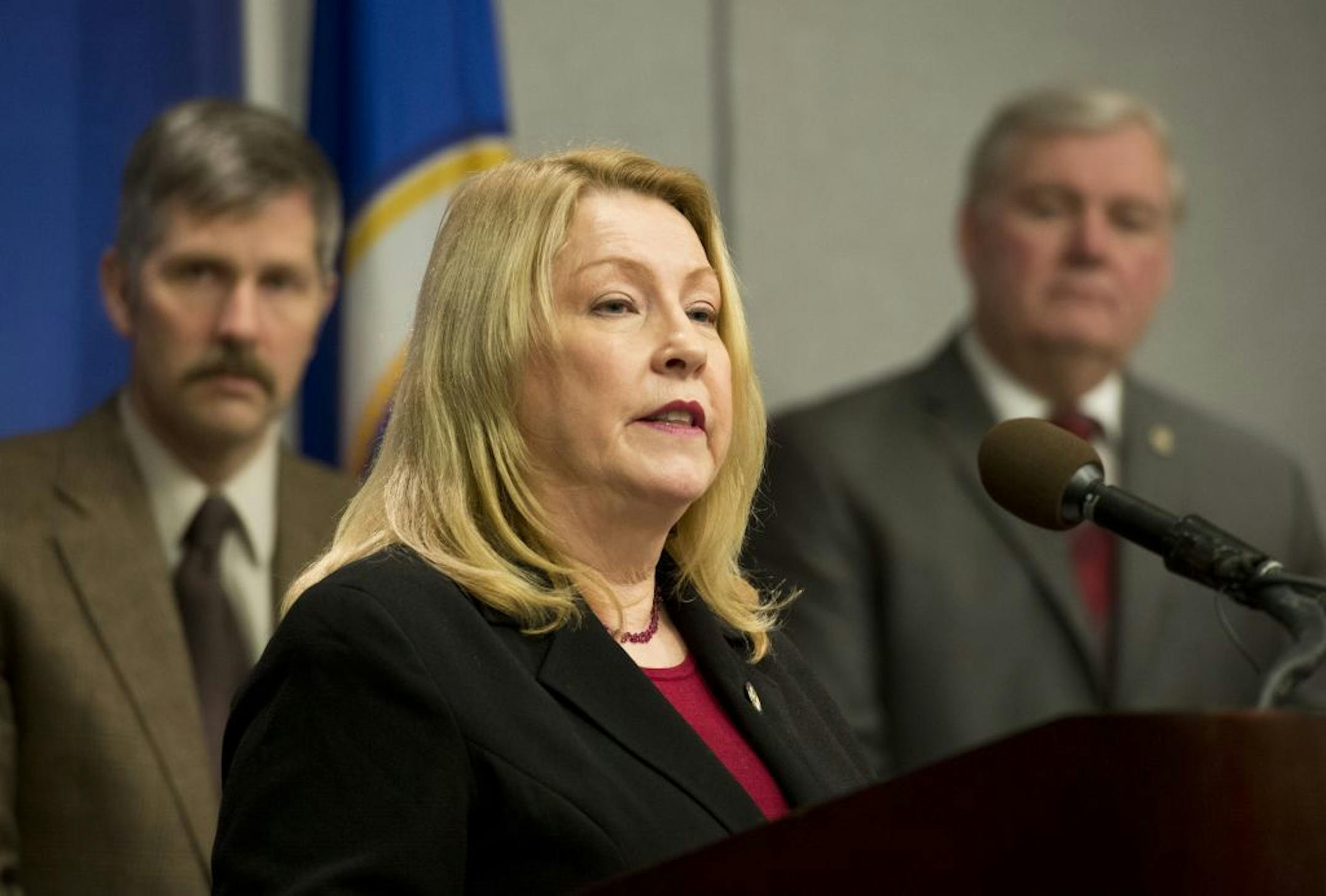 Senator Chris Eaton (DFL-Brooklyn Center) talked about her bill to raise the state minimum wage to $7.50/hour. Behind her are Sen. Tony Lourey (DFL-Kerrick) Sen. Greg Clausen (DFL-Apple Valley), Thursday, January 10, 2013
