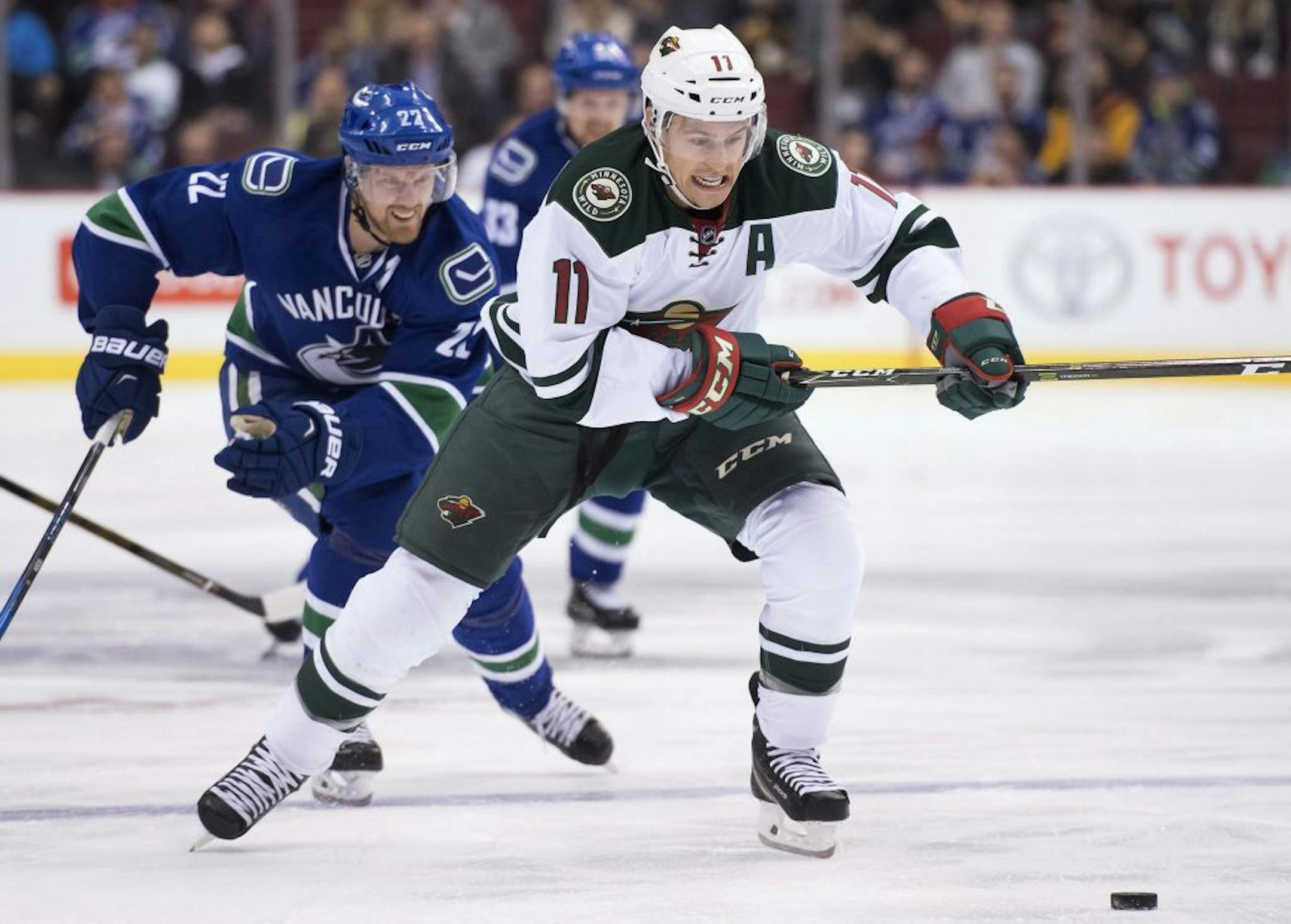 Wild coach Bruce Boudreau showed the team several video clips from Tuesday's loss that featured the Wild's top line, led by Zach Parise (11). The coach's reviews were not flattering.