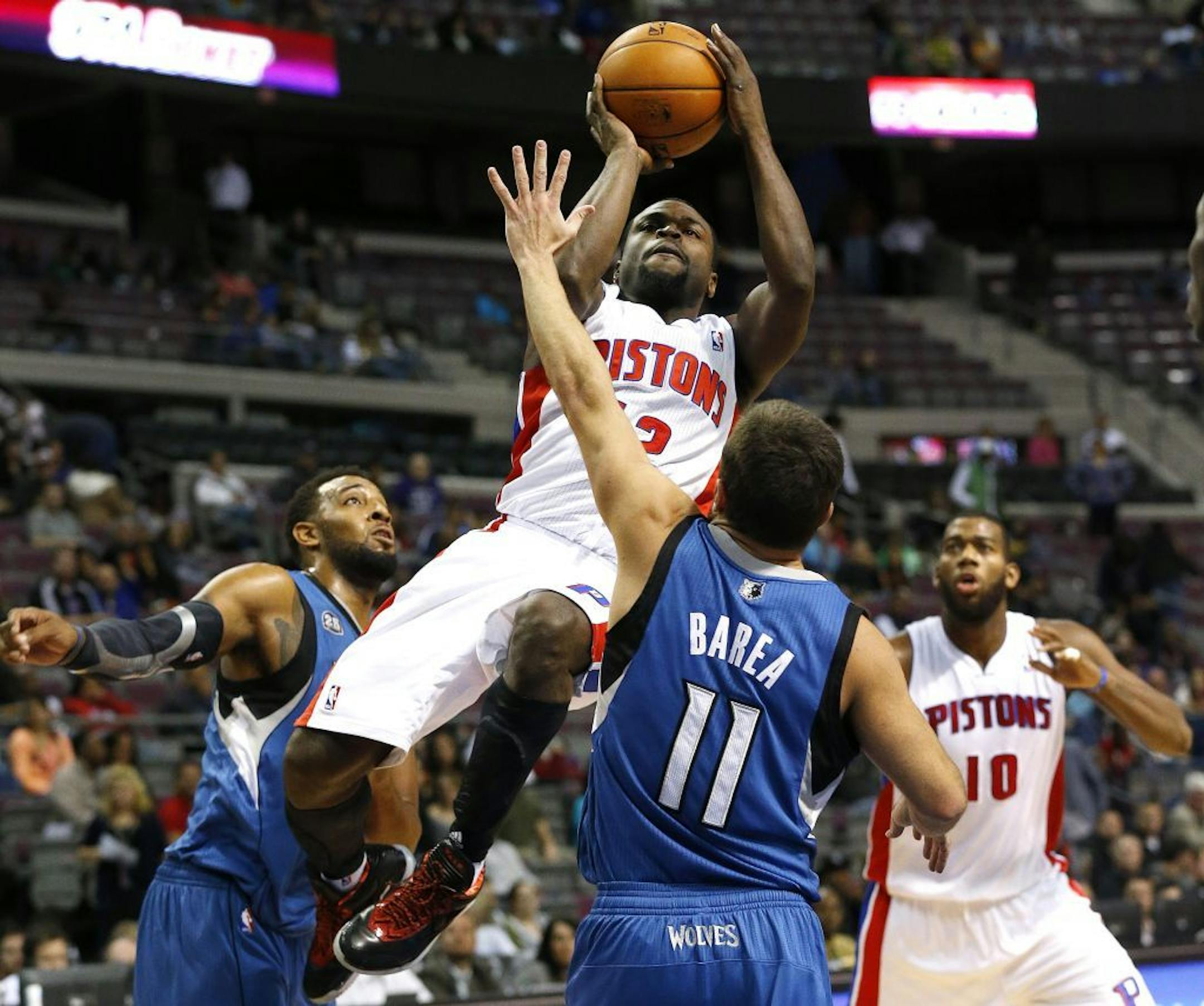 Detroit Pistons guard Will Bynum (12) shoots against the Minnesota Timberwolves in the second half of their preseason NBA basketball game in Auburn Hills, Mich., Thursday, Oct. 24, 2013. Detroit won 99-98.