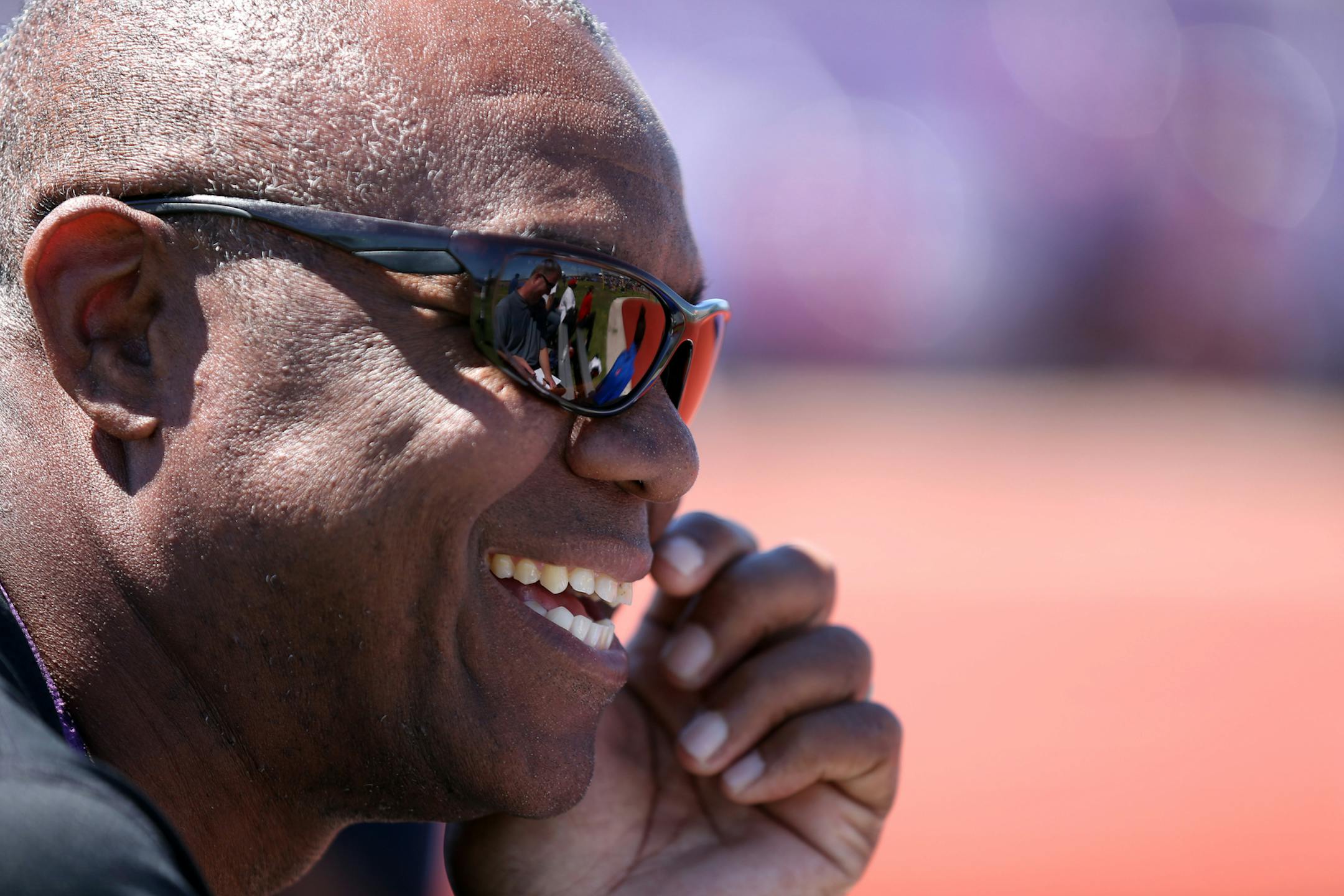Former Minnesota Vikings quarterback Randall Cunningham coaches at a high school track meet Saturday, April 23, 2016, in Las Vegas. (Isaac Brekken for the StarTribune)