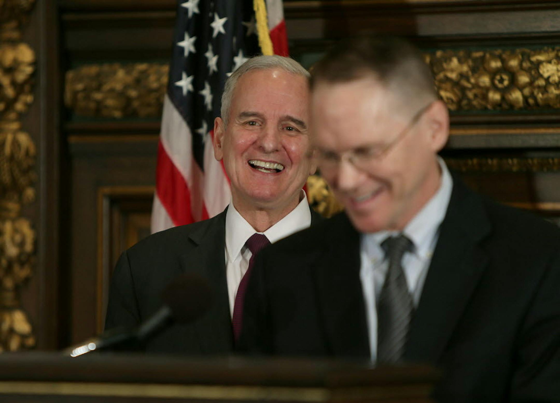 Dec. 19, 2013: Minnesota Gov. Mark Dayton, left, and Bruce Dorey, Senior Vice President of Strategy and Business Development for Price Industries.