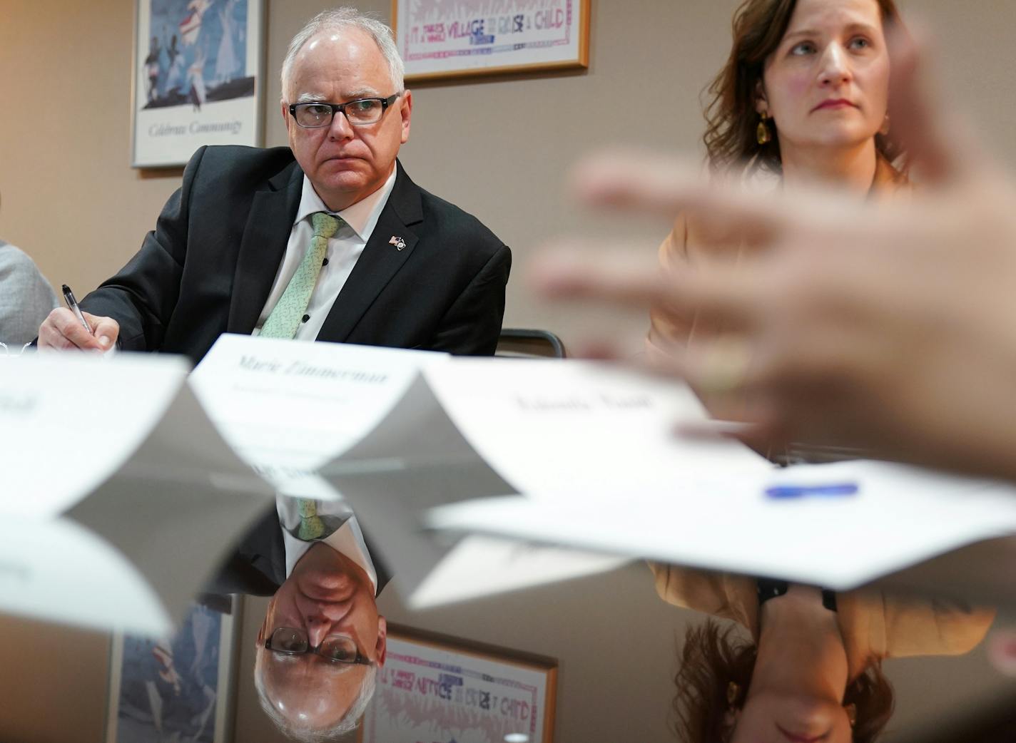 Gov. Tim Walz listened during a round table discussion on health care at the Mid-Minnesota Legal Aid in St. Cloud Thursday. ] ANTHONY SOUFFLE &#x2022; anthony.souffle@startribune.com Gov. Tim Walz held a press conference and round table to discuss the health care pieces of his budget Thursday, March 14, 2019 in St. Cloud, Minn.