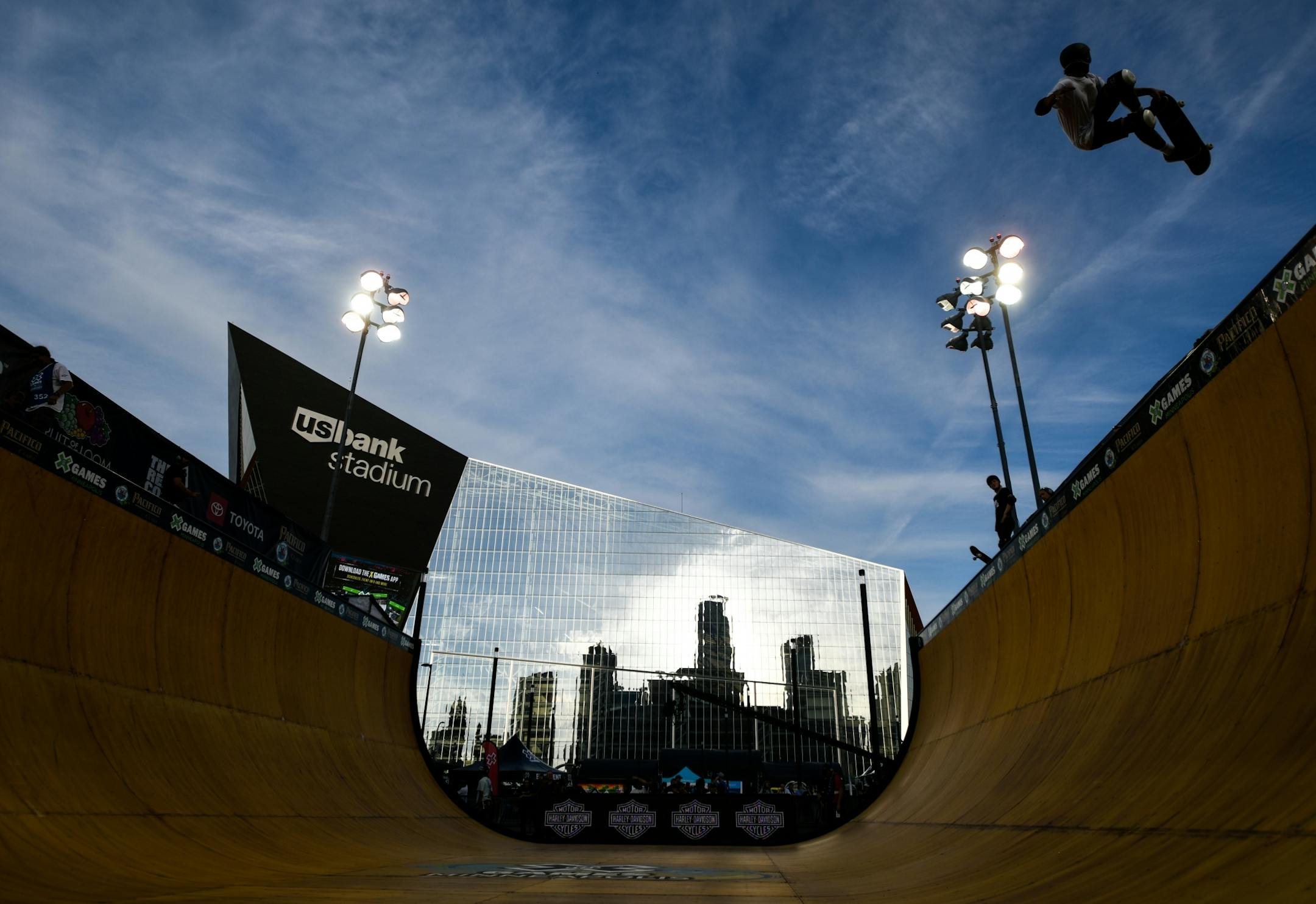 Eddie Damestoy, of France, took a warmup run on the vert ramp before competing in Wednesday night's qualifiers outside US Bank Stadium.