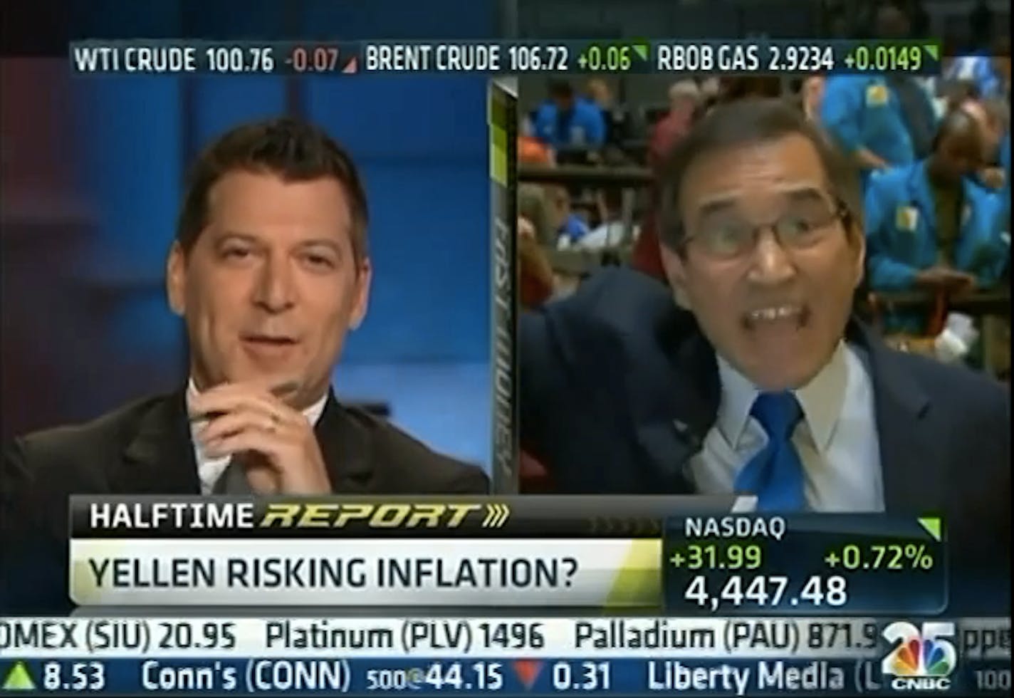 Rick Santelli's recent on-air meltdown can be viewed at http://tinyurl.com/pobpk7q,