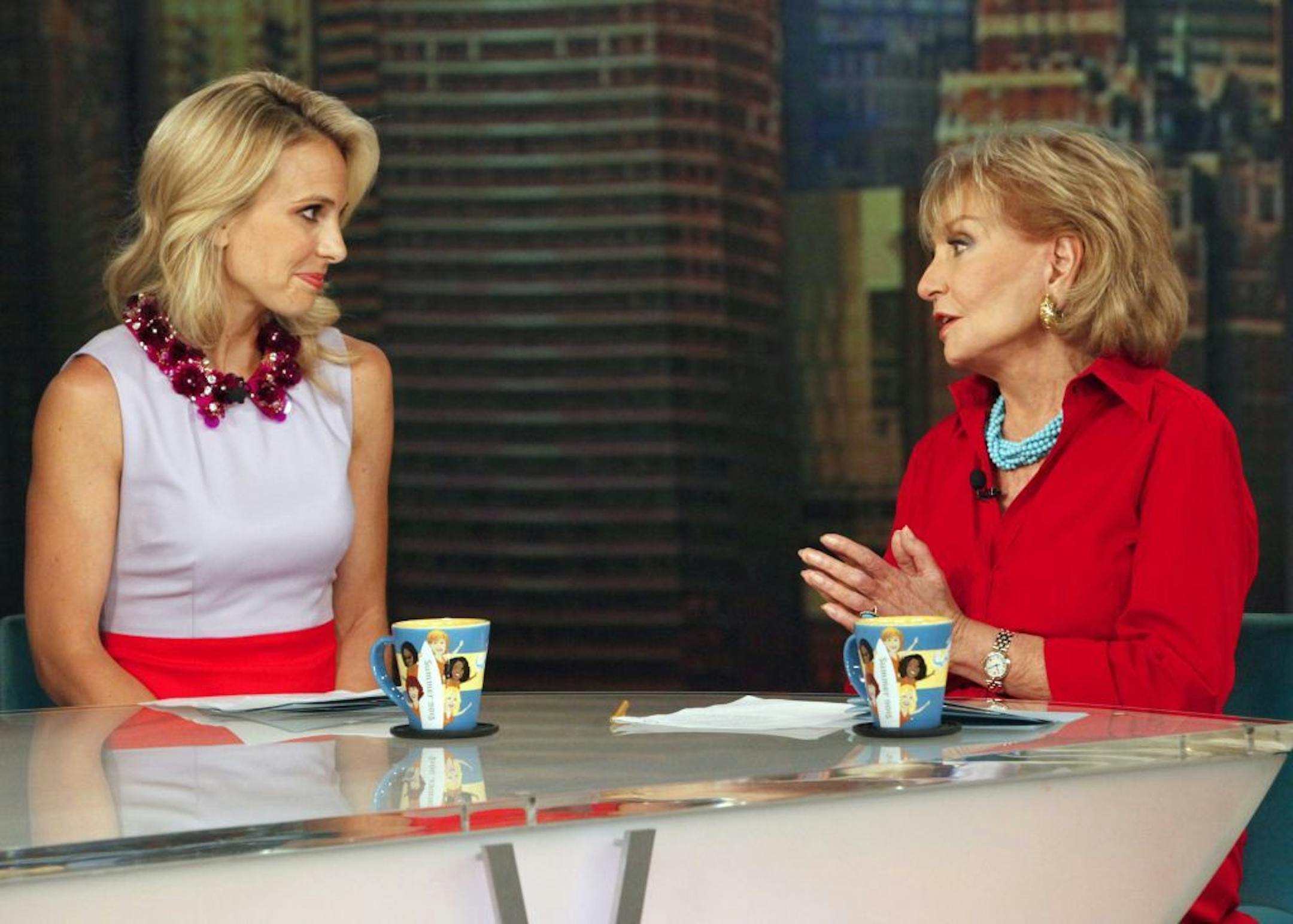 This image released by ABC shows Elisabeth Hasselbeck and Barbara Walters, co-hosts on "The View," during a broadcast on Wednesday, July 10, 2013, in New York. Wednesday was Hasselbeck's last day on the daytime talk show. Her exit came less than 24 hours after it was announced that Hasselbeck will join Fox News Channel and the "Fox & Friends" morning show in September.
