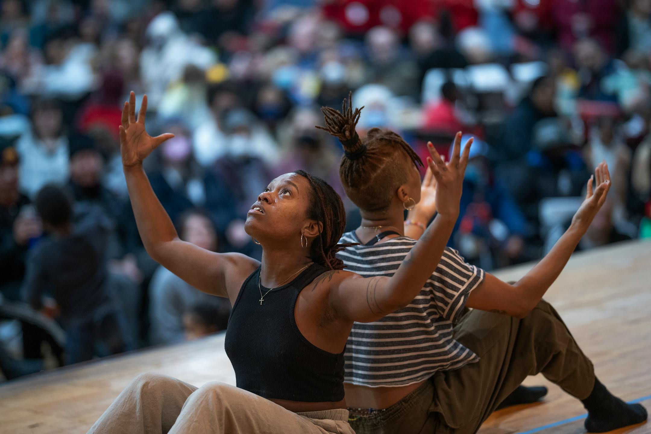 Zhané Jackson, left and Desaré Cox performed what they call storytelling movement during the Dr. Martin Luther King Jr. celebration at Powerhorn Park.