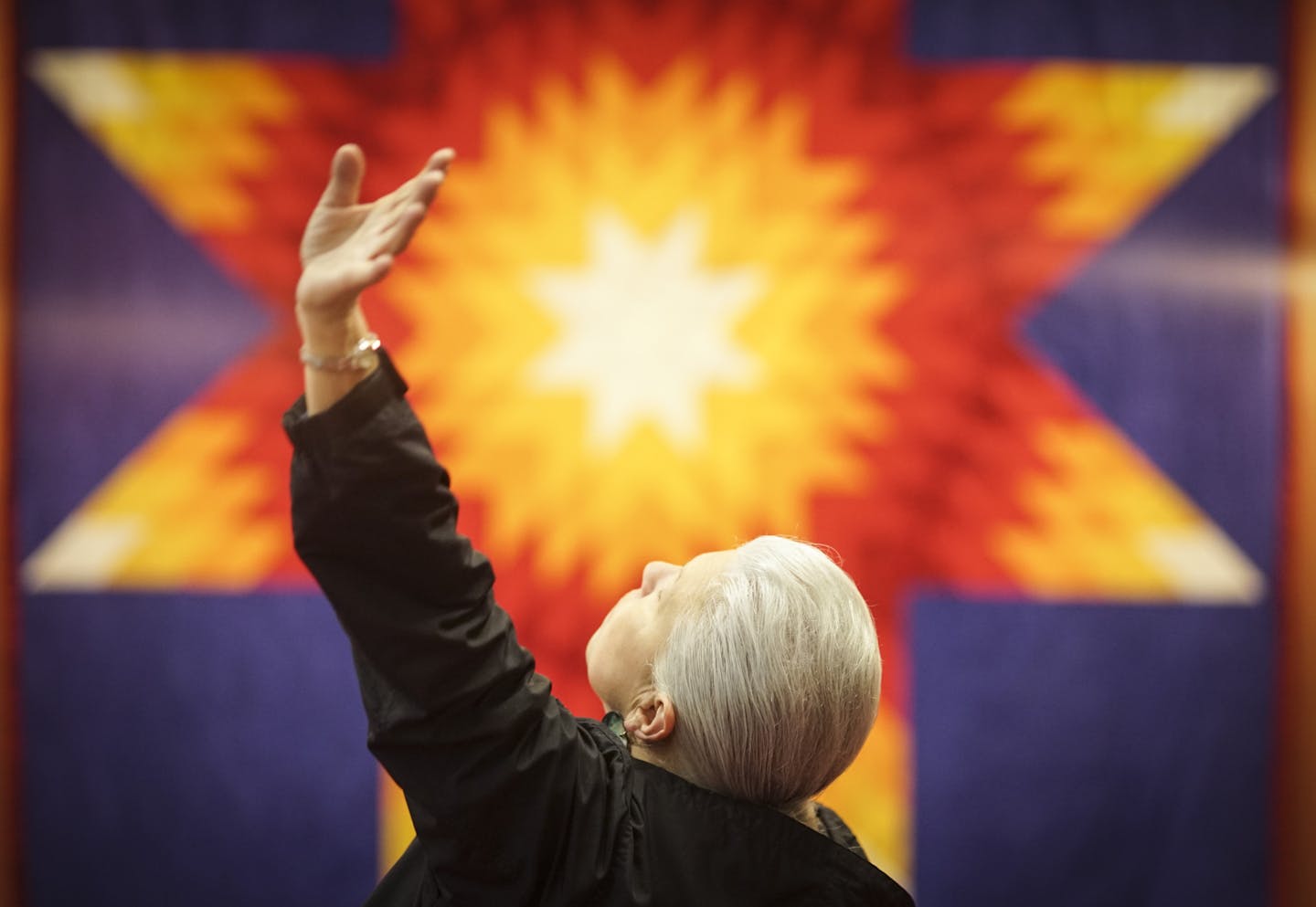 Maria McCoy raised her arms in a moving exercise at a talking circle run by healer Donna LaChapelle at the Minnesota Indian Women&#x2019;s Center in Minneapolis.