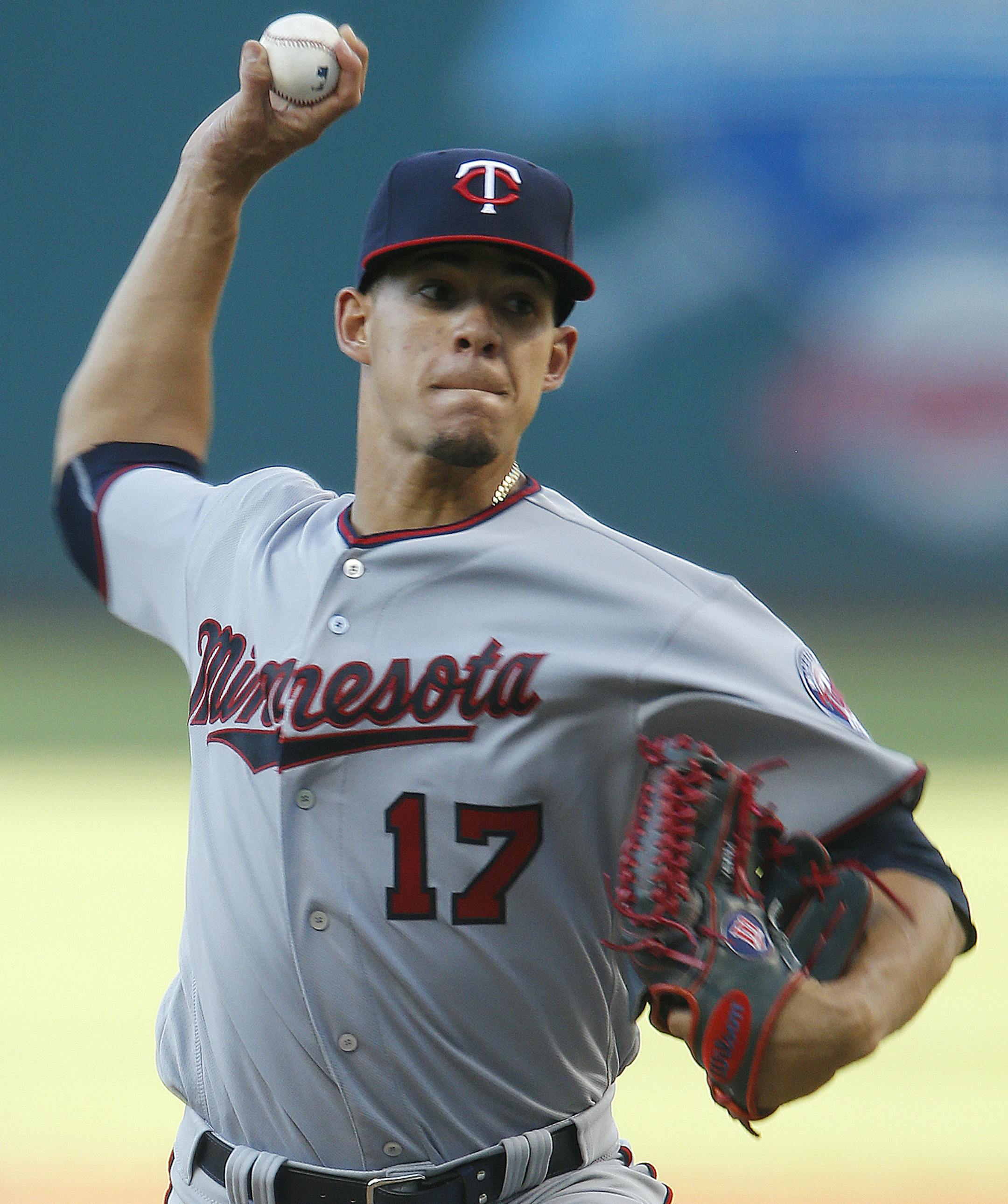Minnesota Twins starting pitcher Jose Berrios delivers against the Cleveland Indians during the first inning of a baseball game Monday, Aug. 1, 2016, in Cleveland. (AP Photo/Ron Schwane)
